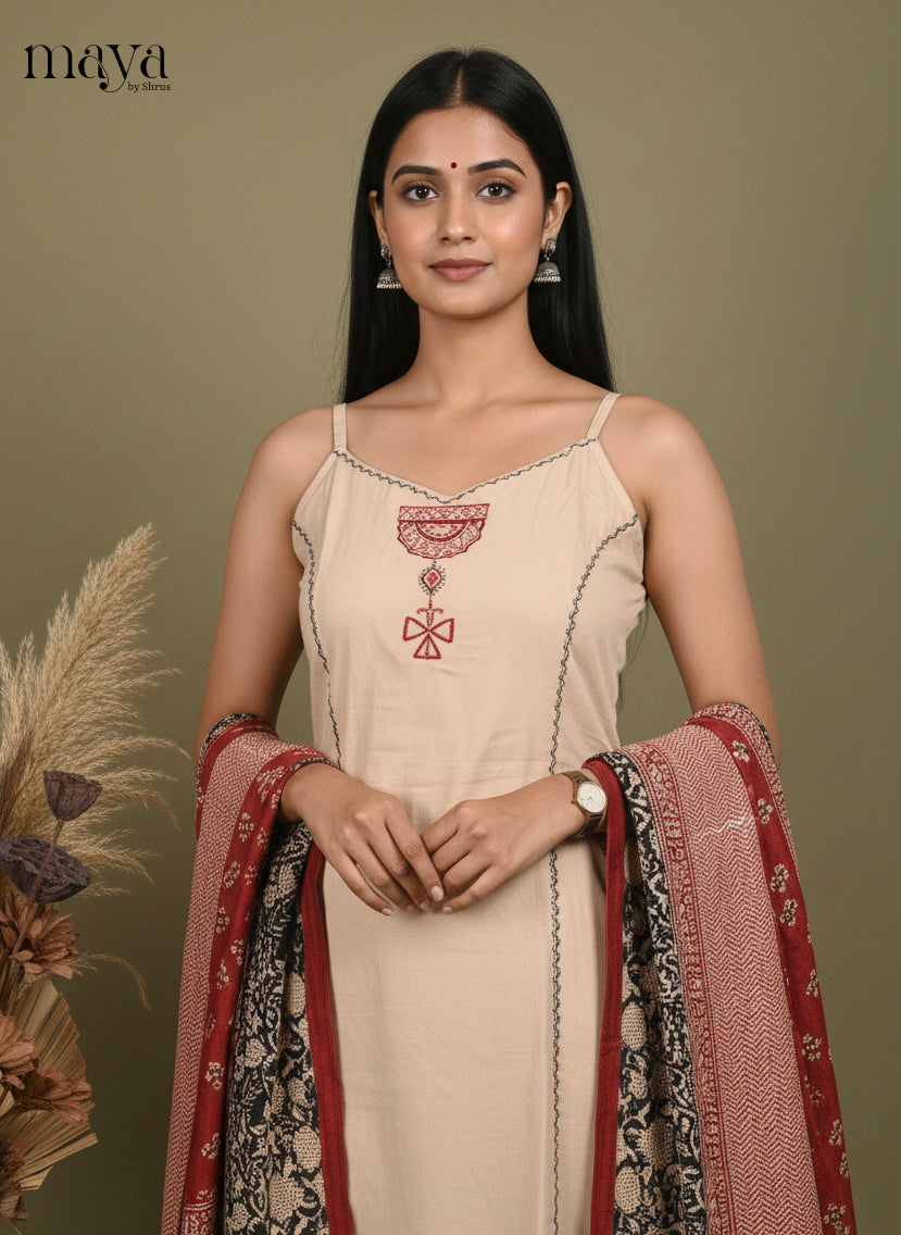 Cream & Red -Readymade 3 Piece