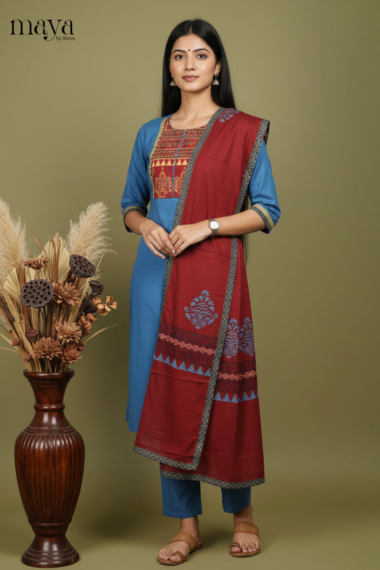 Blue & Maroon-Readymade 3 Piece