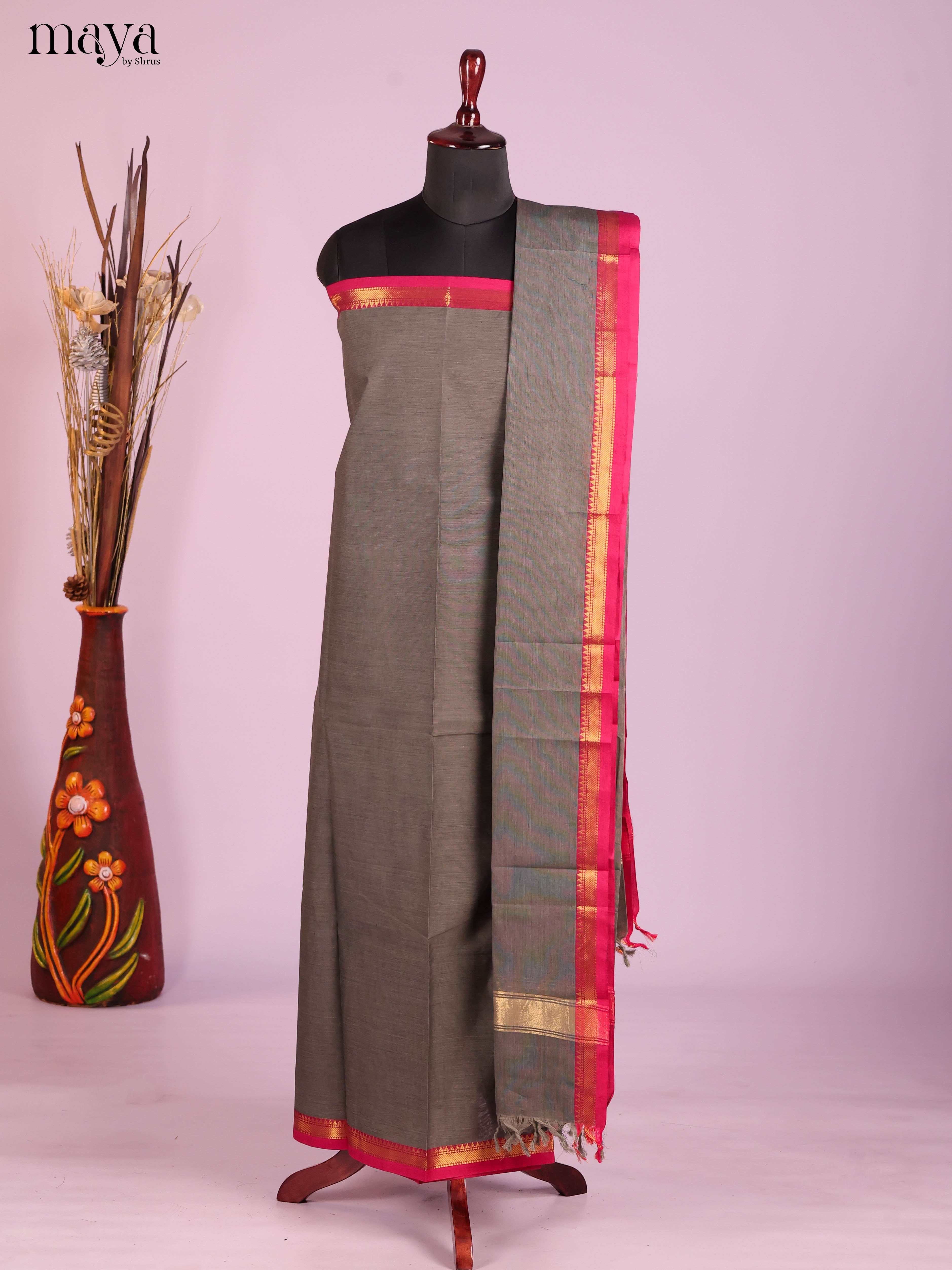 Grey  & Red-chettinad top & dupatta combo