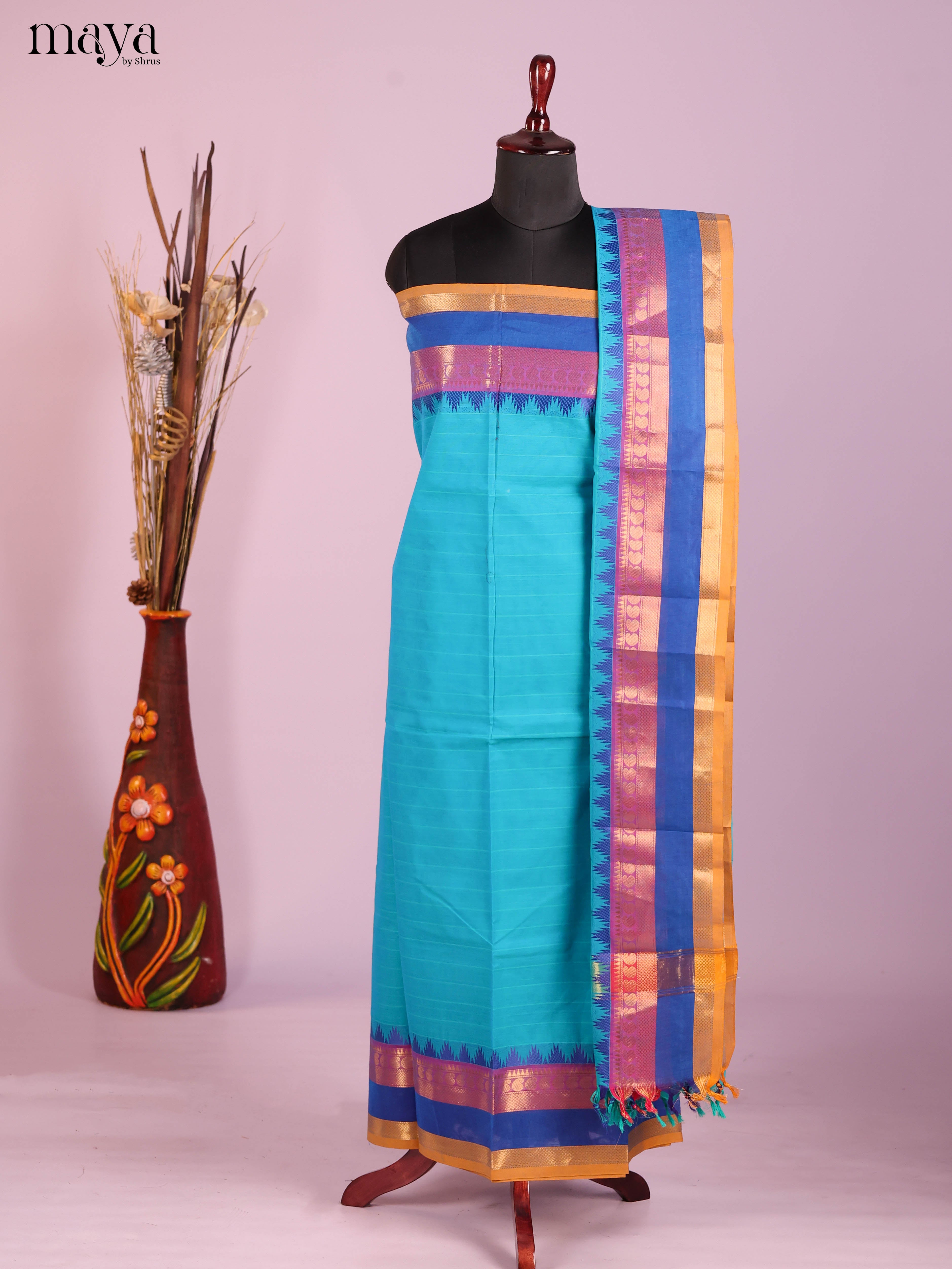 Sky Blue & Blue-chettinad top & dupatta combo