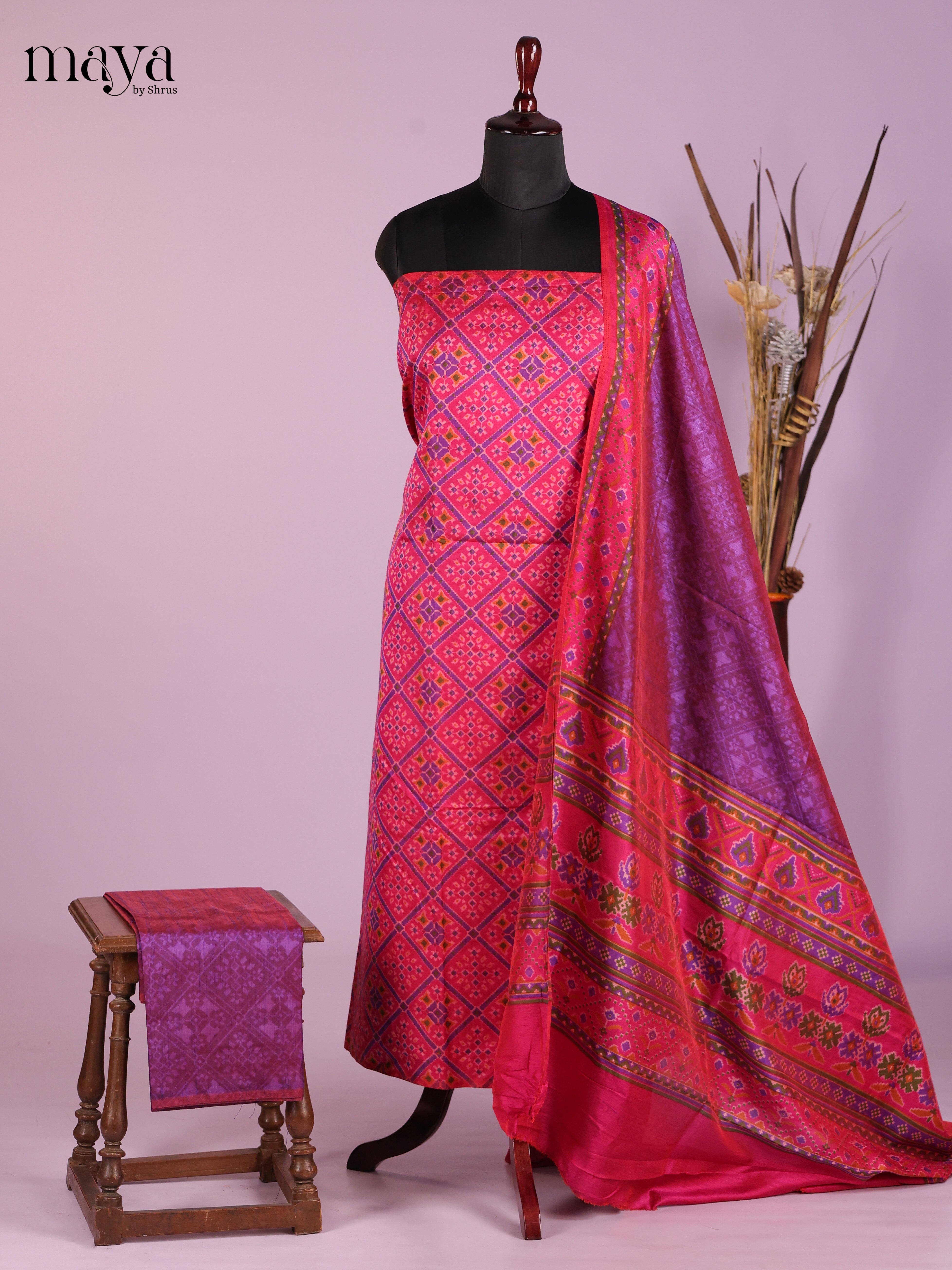 Pink & Purple-Semi patola salwar unstitch