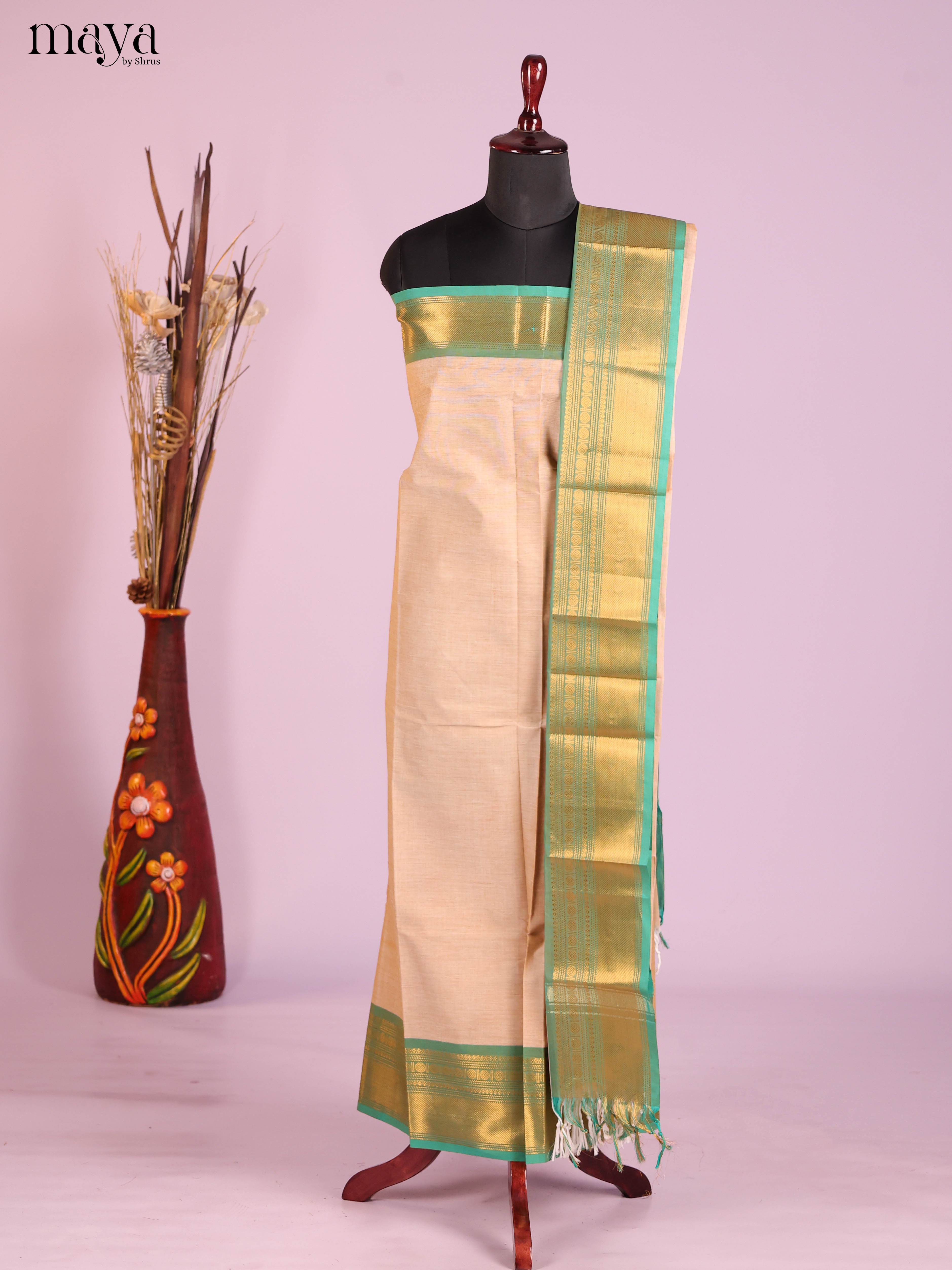Cream & Green-chettinad top & dupatta combo
