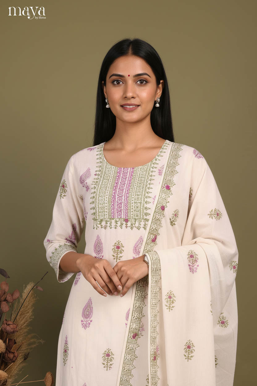 Cream & Green- Block Printed Readymade 3 Piece