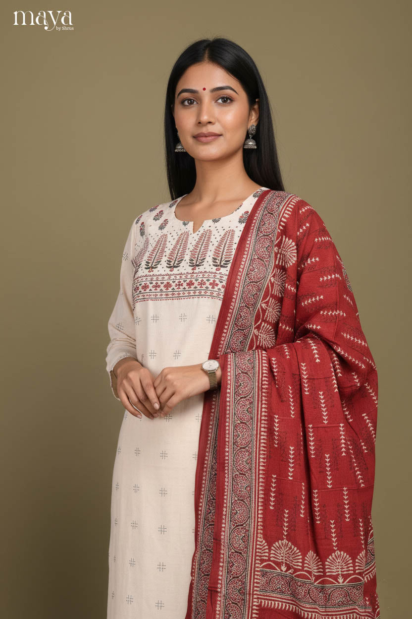 Cream & maroon-Ajrakh printed Readymade 3 Piece