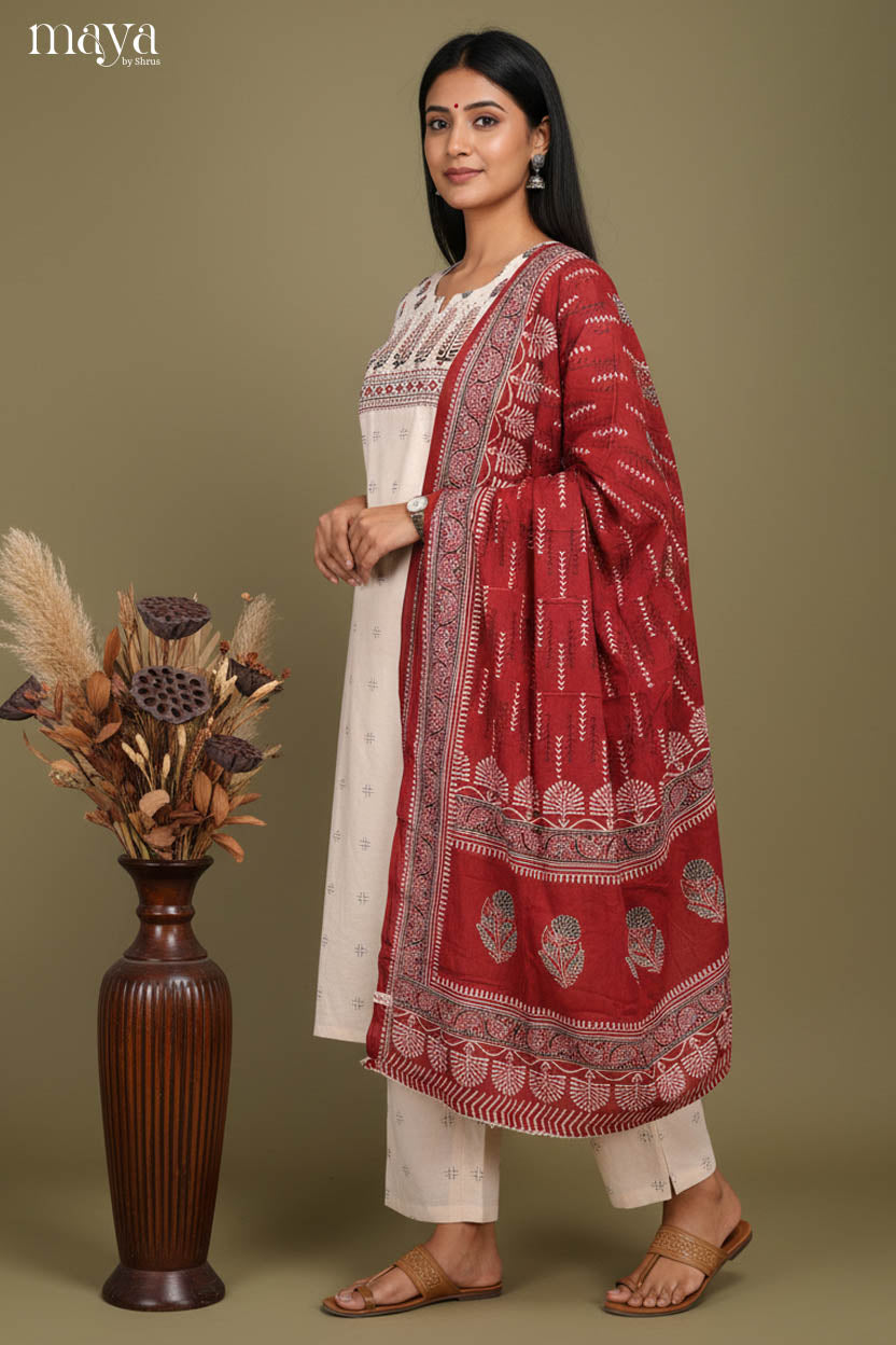 Cream & maroon-Ajrakh printed Readymade 3 Piece