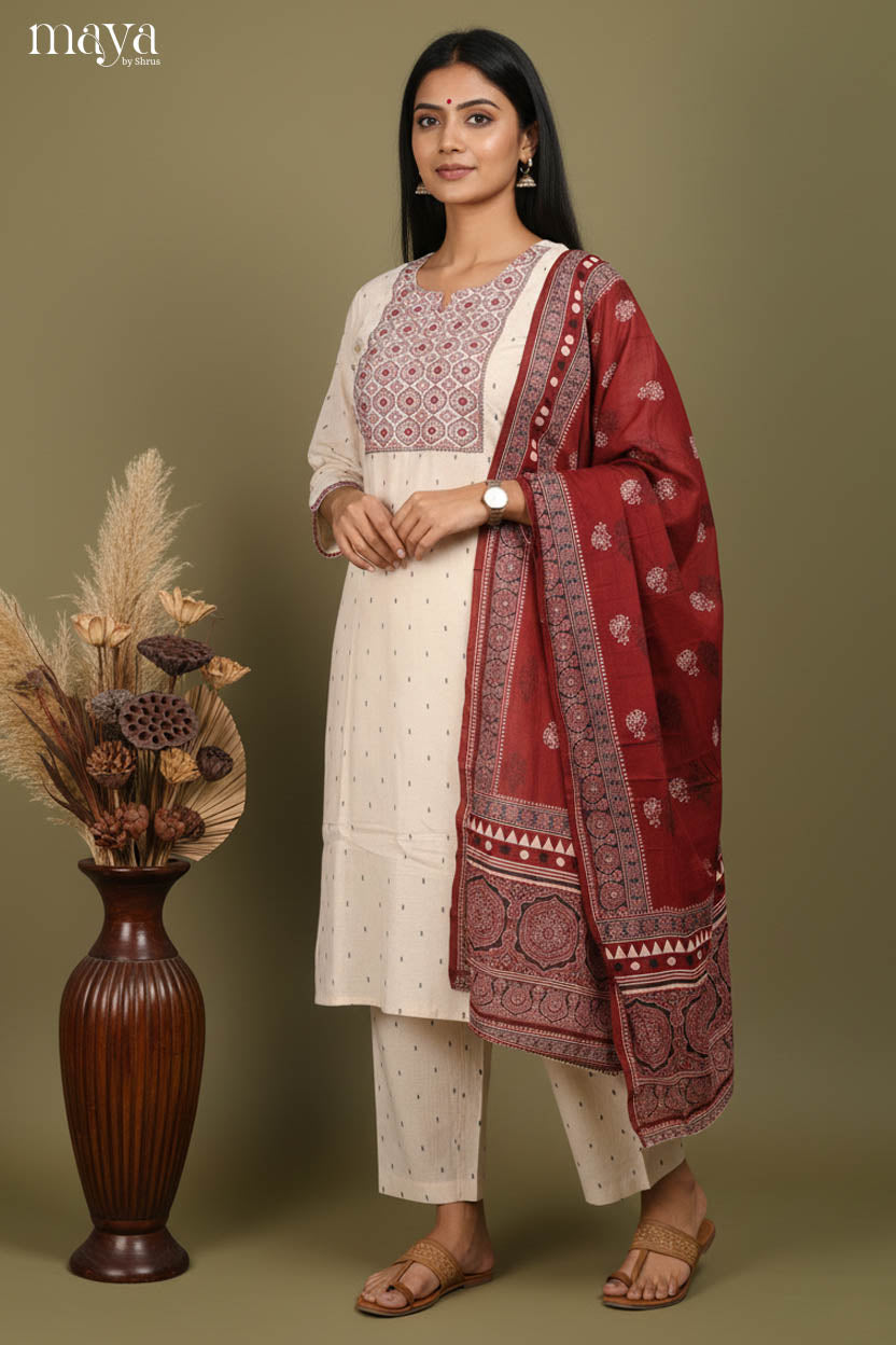 Cream & Maroon-Ajrakh printed Readymade 3 Piece