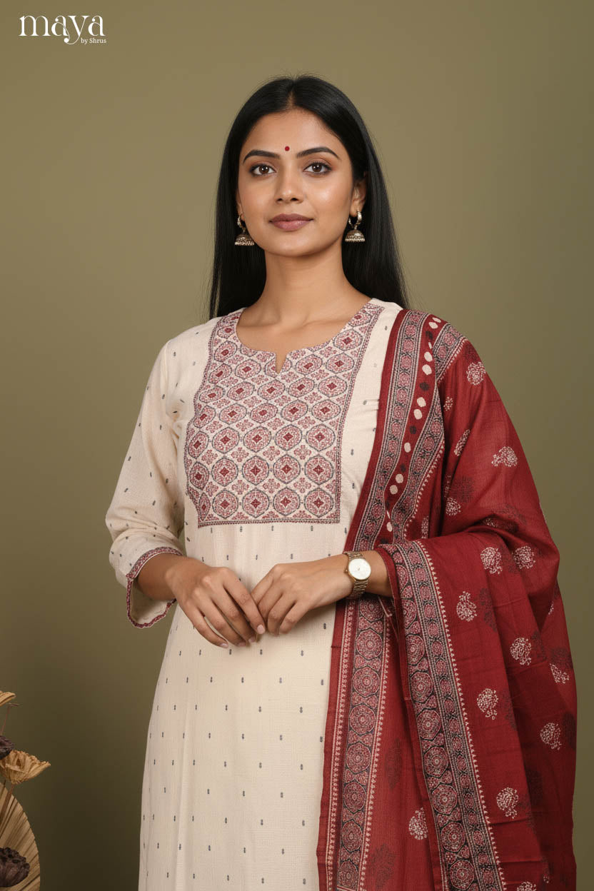 Cream & Maroon-Ajrakh printed Readymade 3 Piece
