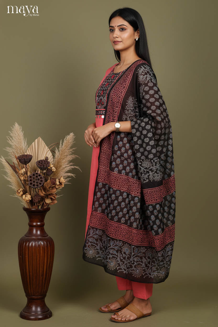 Orangish Peach & Black-Readymade 3 Piece