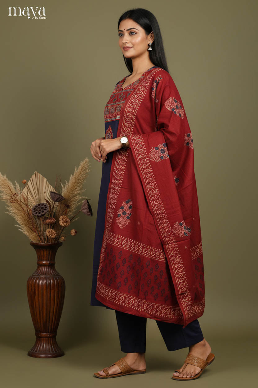Blue & Maroon -Ajrakh Printed Readymade 3 Piece