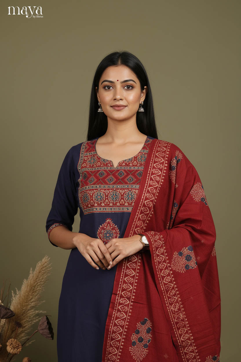 Blue & Maroon -Ajrakh Printed Readymade 3 Piece