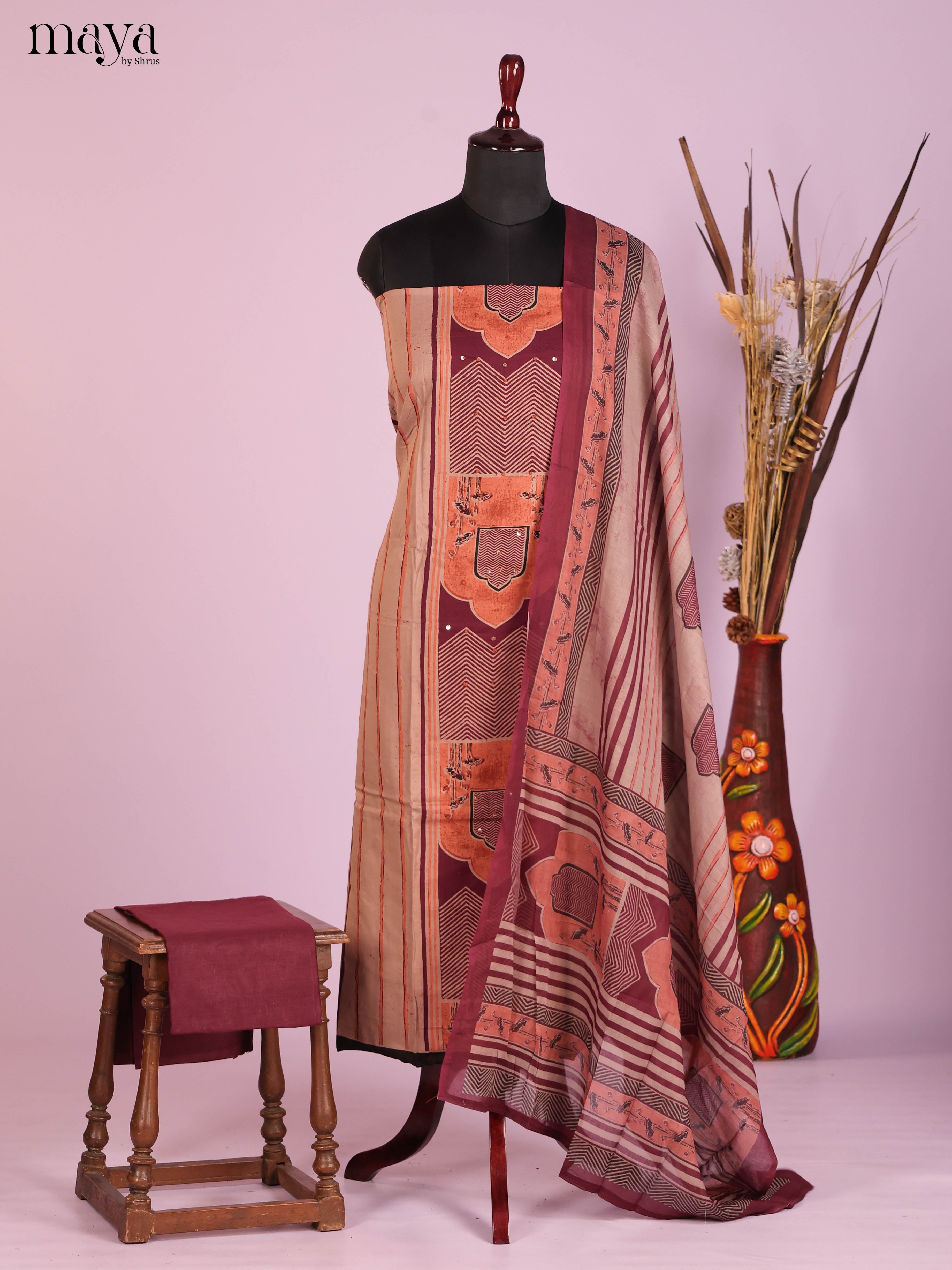 Beige & Maroon-Ajrakh Salwar Unstitch