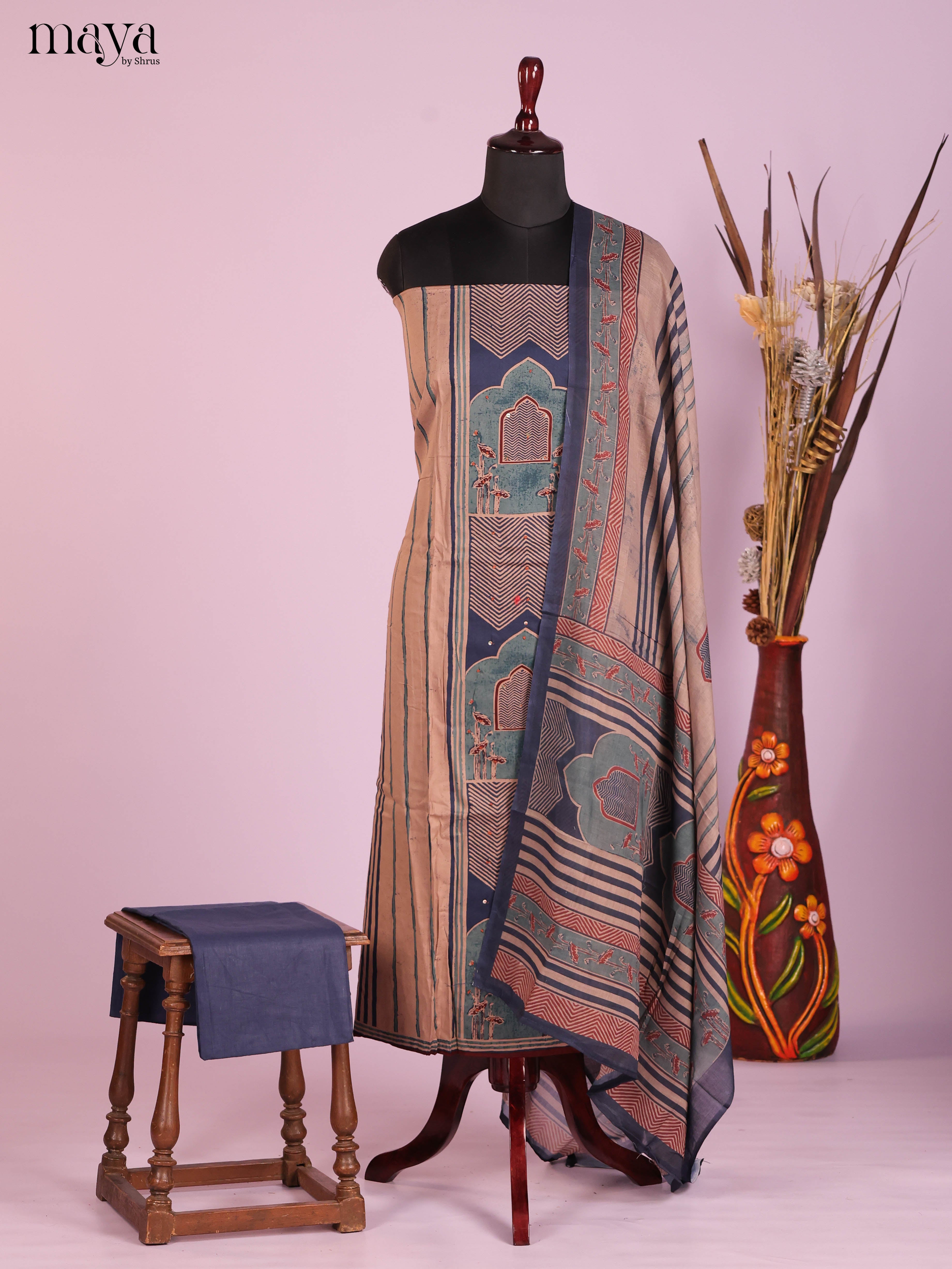 Peach & Blue-Ajrakh Salwar Unstitch