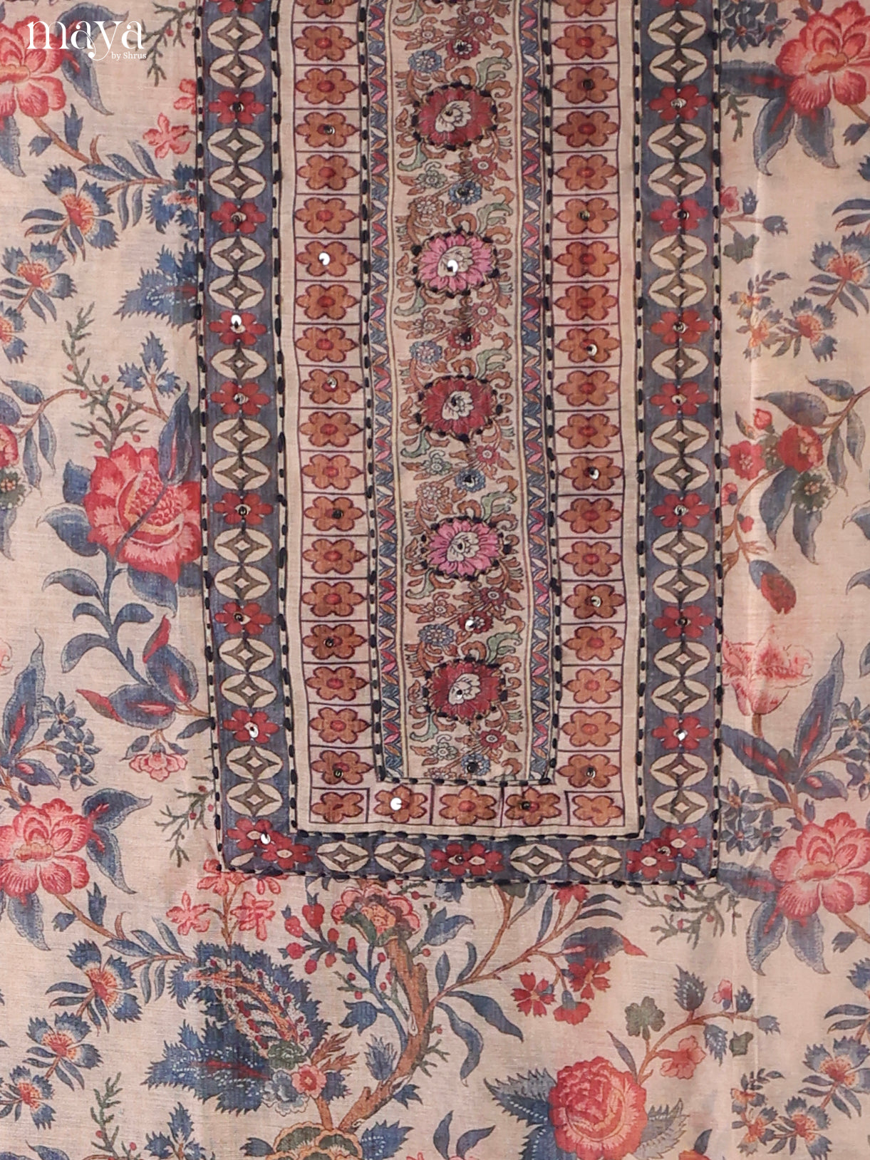 Cream & Blue-Chanderi salwar Unstitch