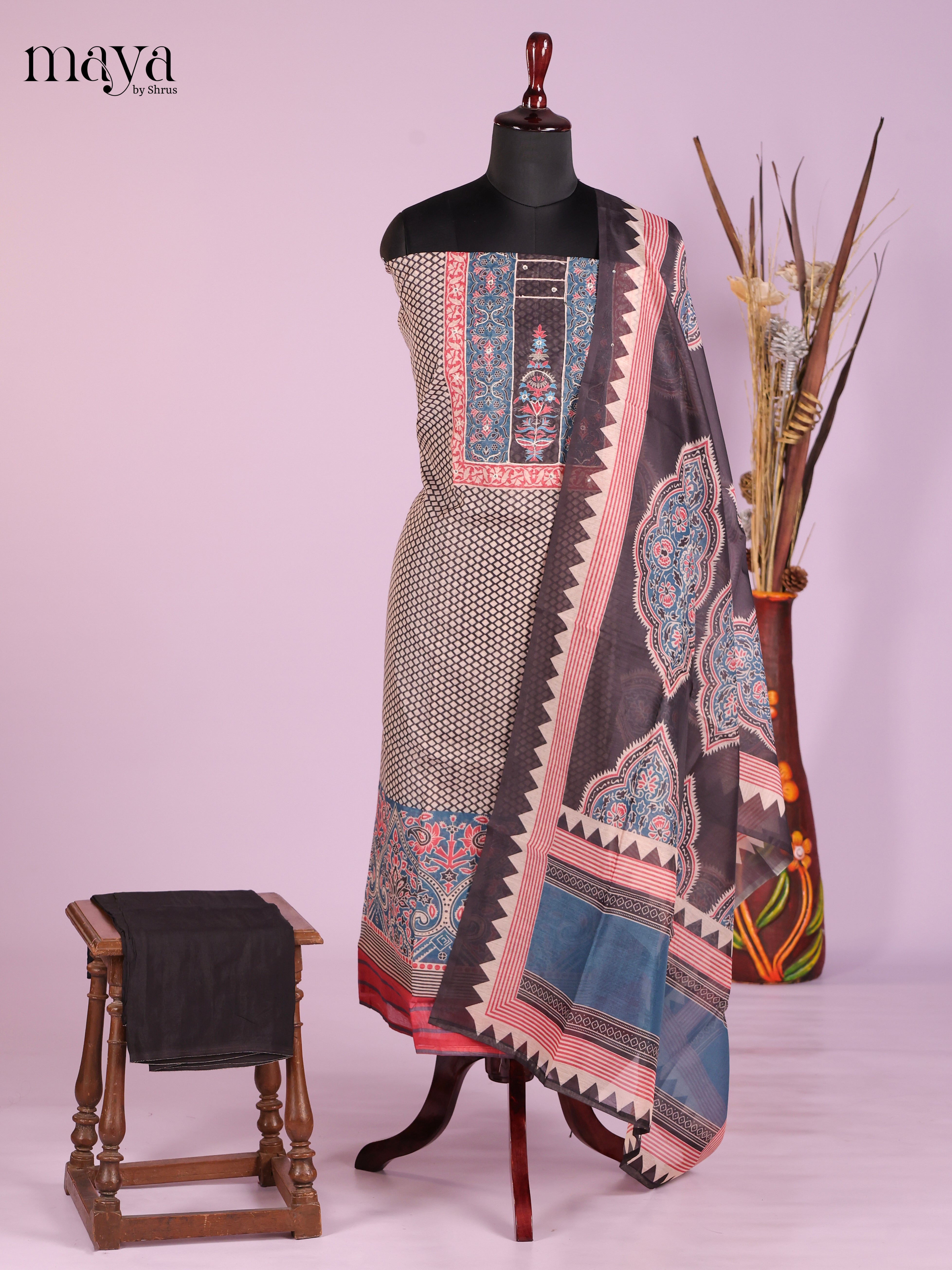 Cream & Black -Chanderi salwar Unstitch