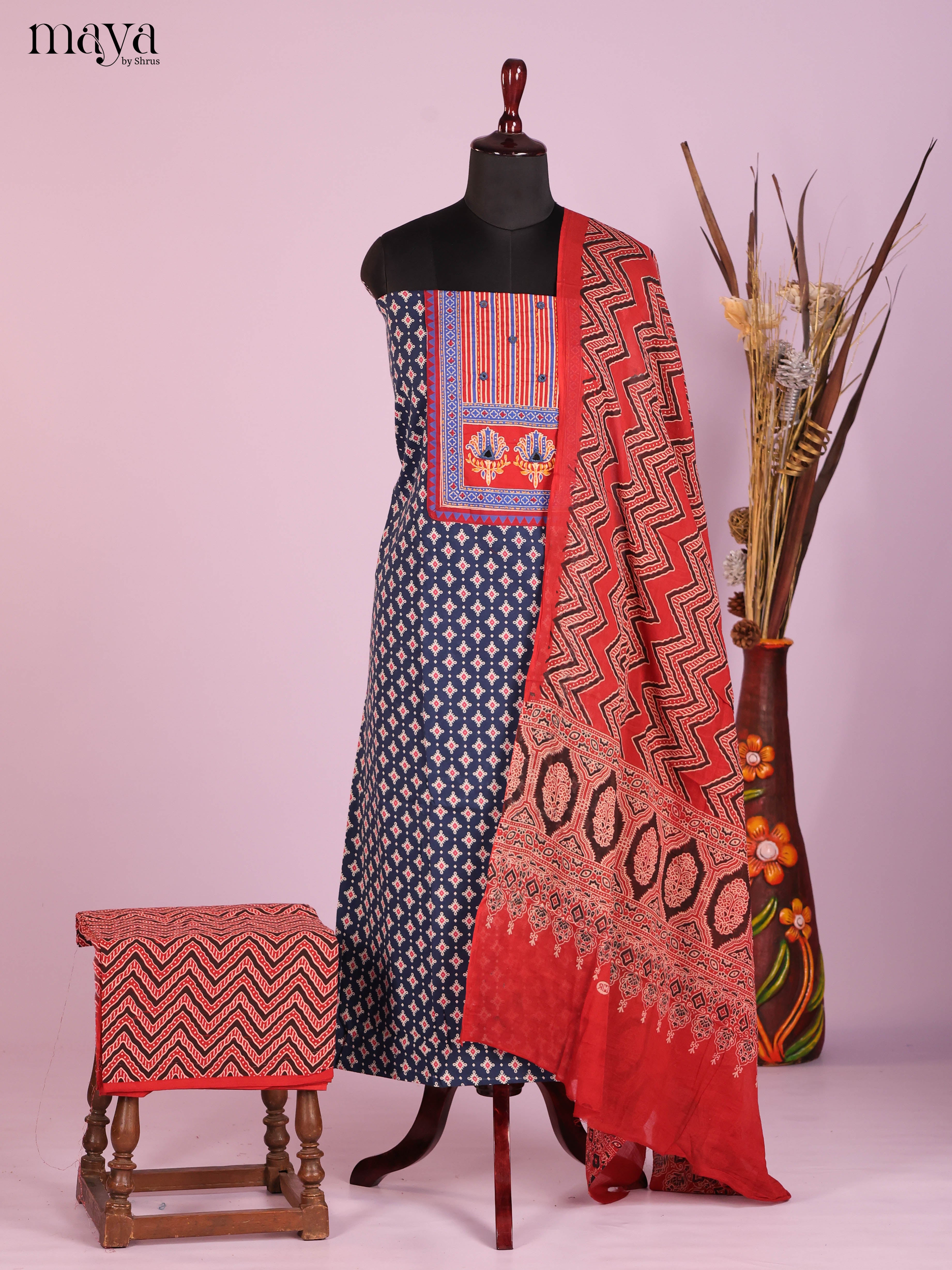 Blue & Red -Ajrakh Salwar Unstitch