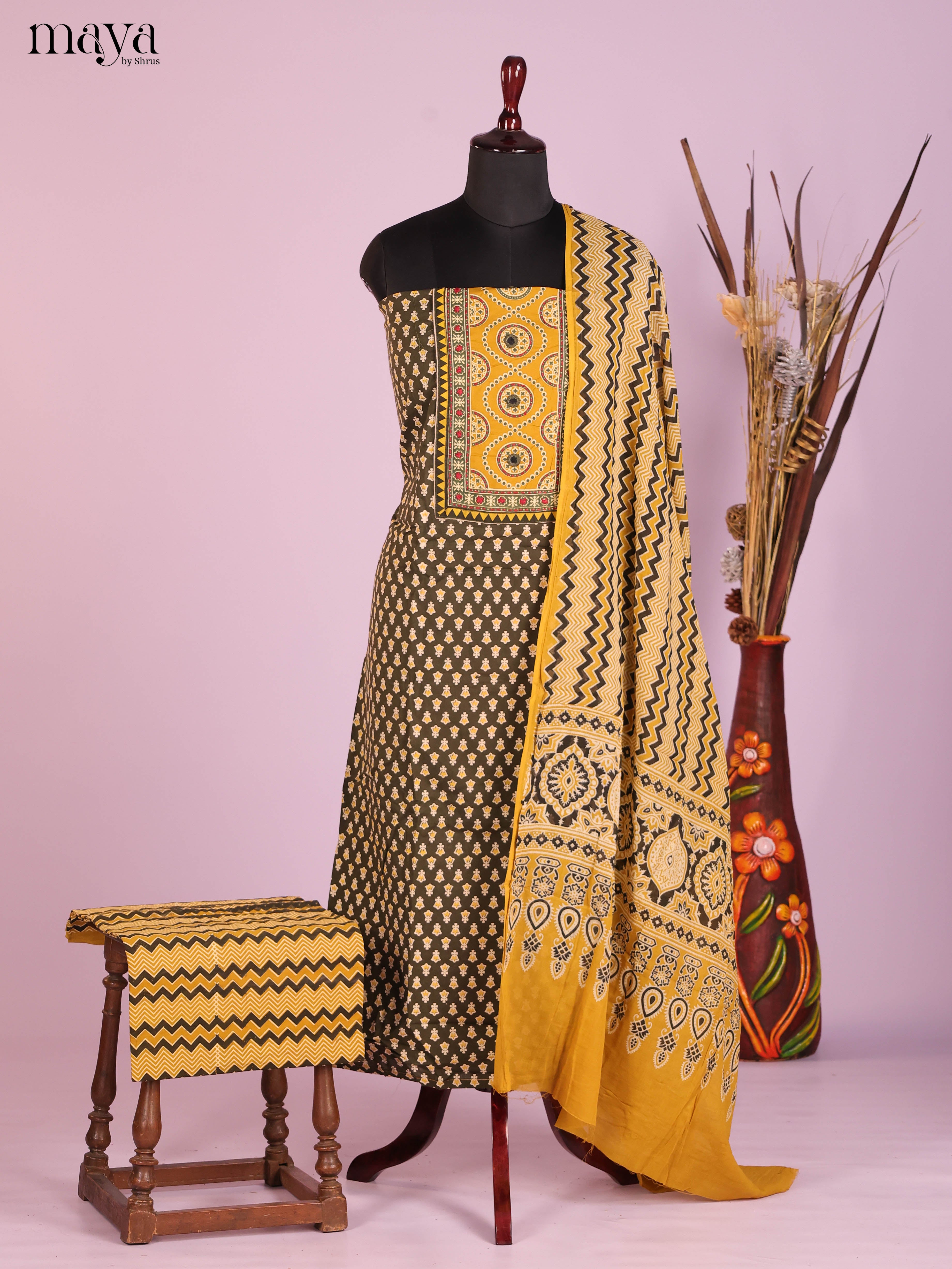Grey Green & Mustard -Ajrakh Salwar Unstitch