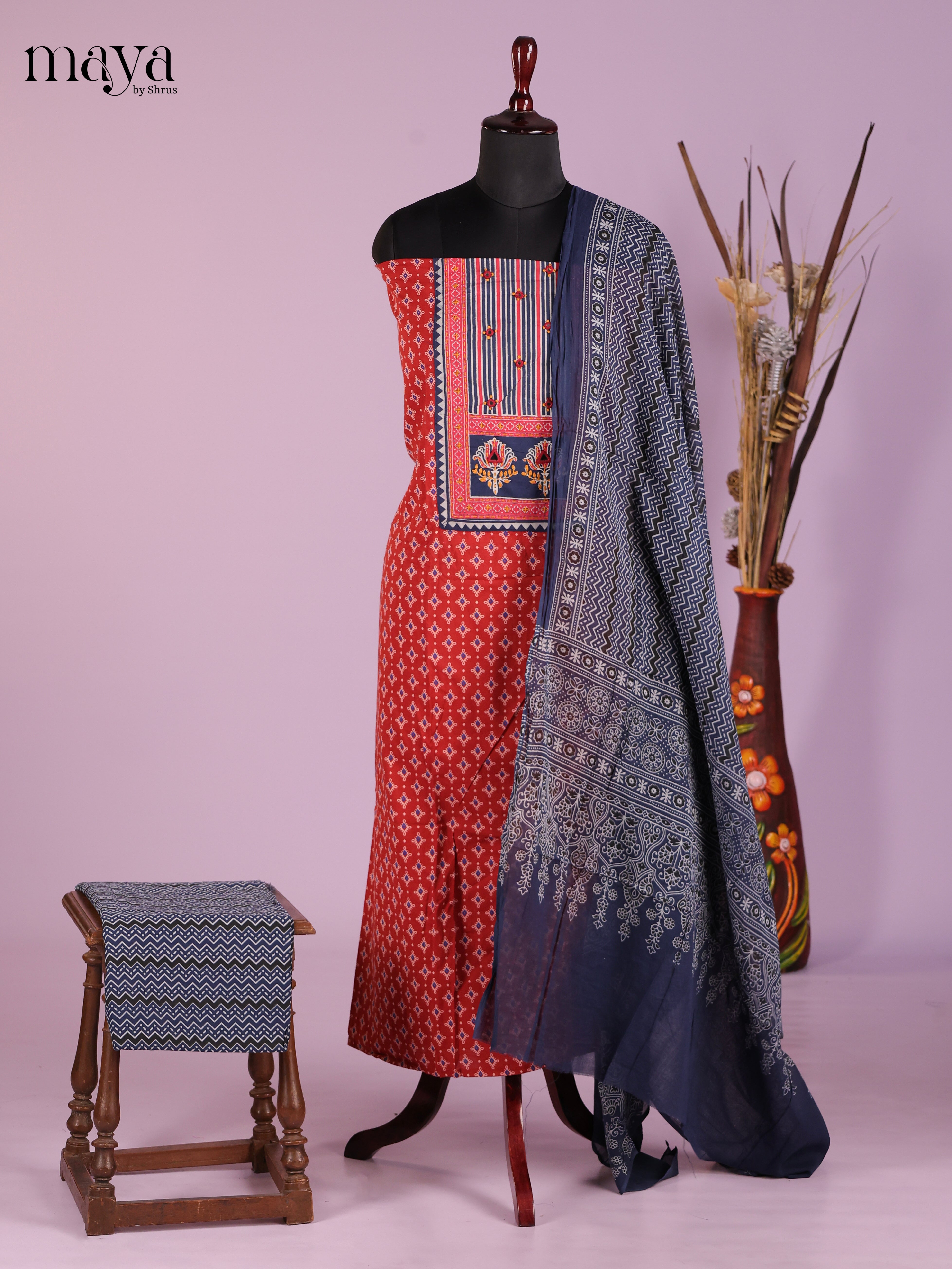 Red & Blue -Ajrakh Salwar Unstitch