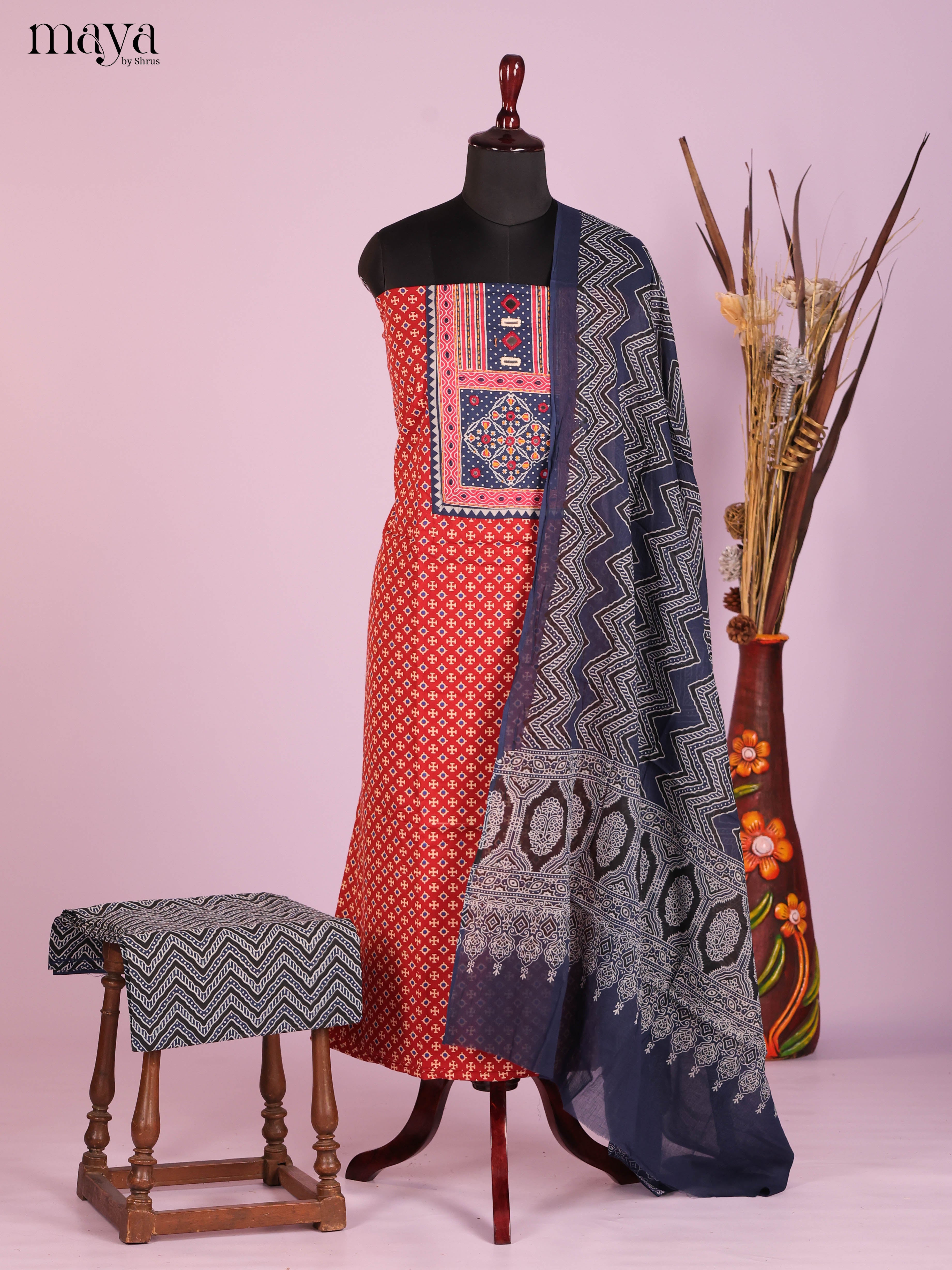 Red & Blue -Ajrakh Salwar Unstitch