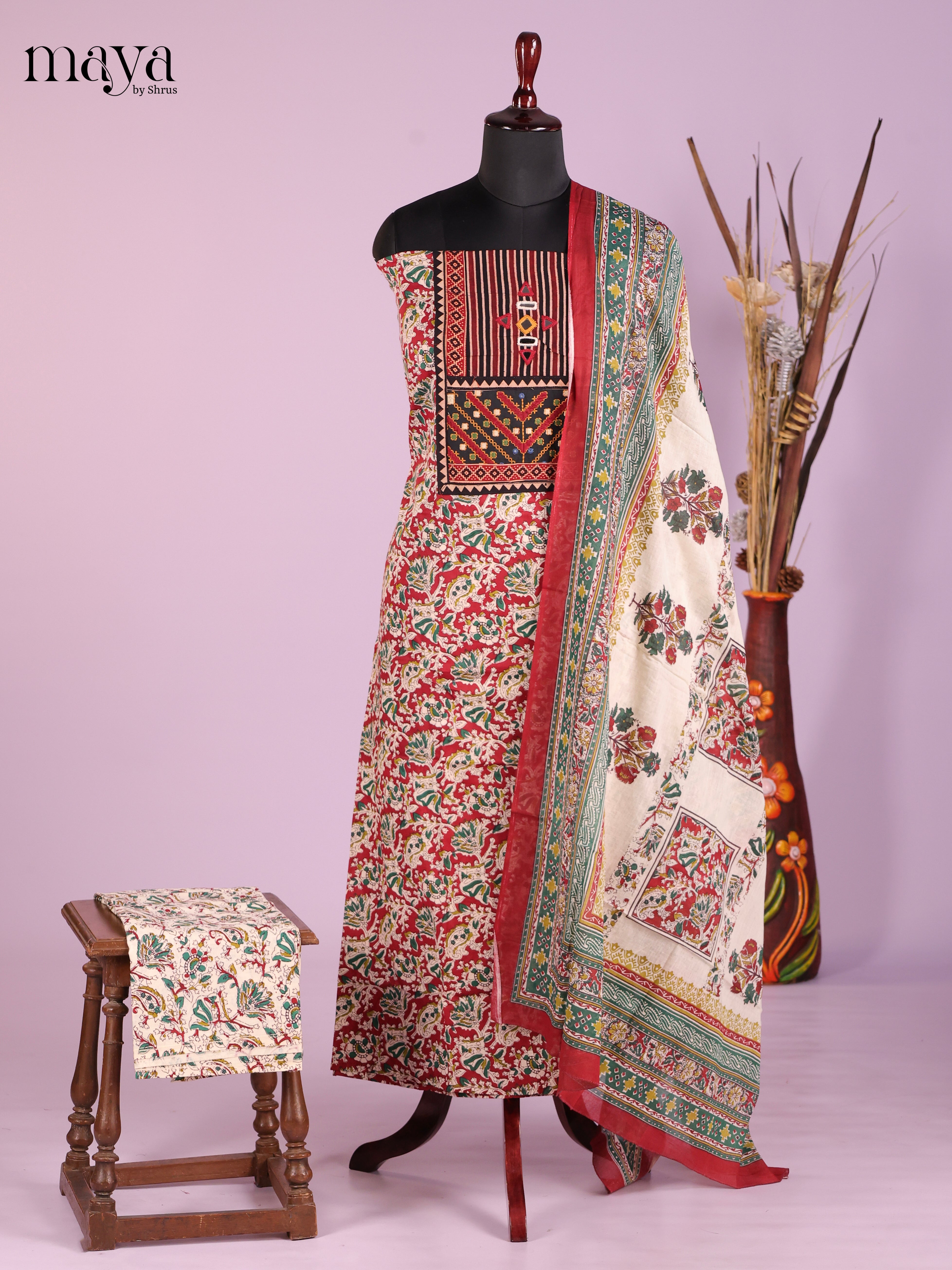 Red & Cream -Ajrakh Salwar Unstitch