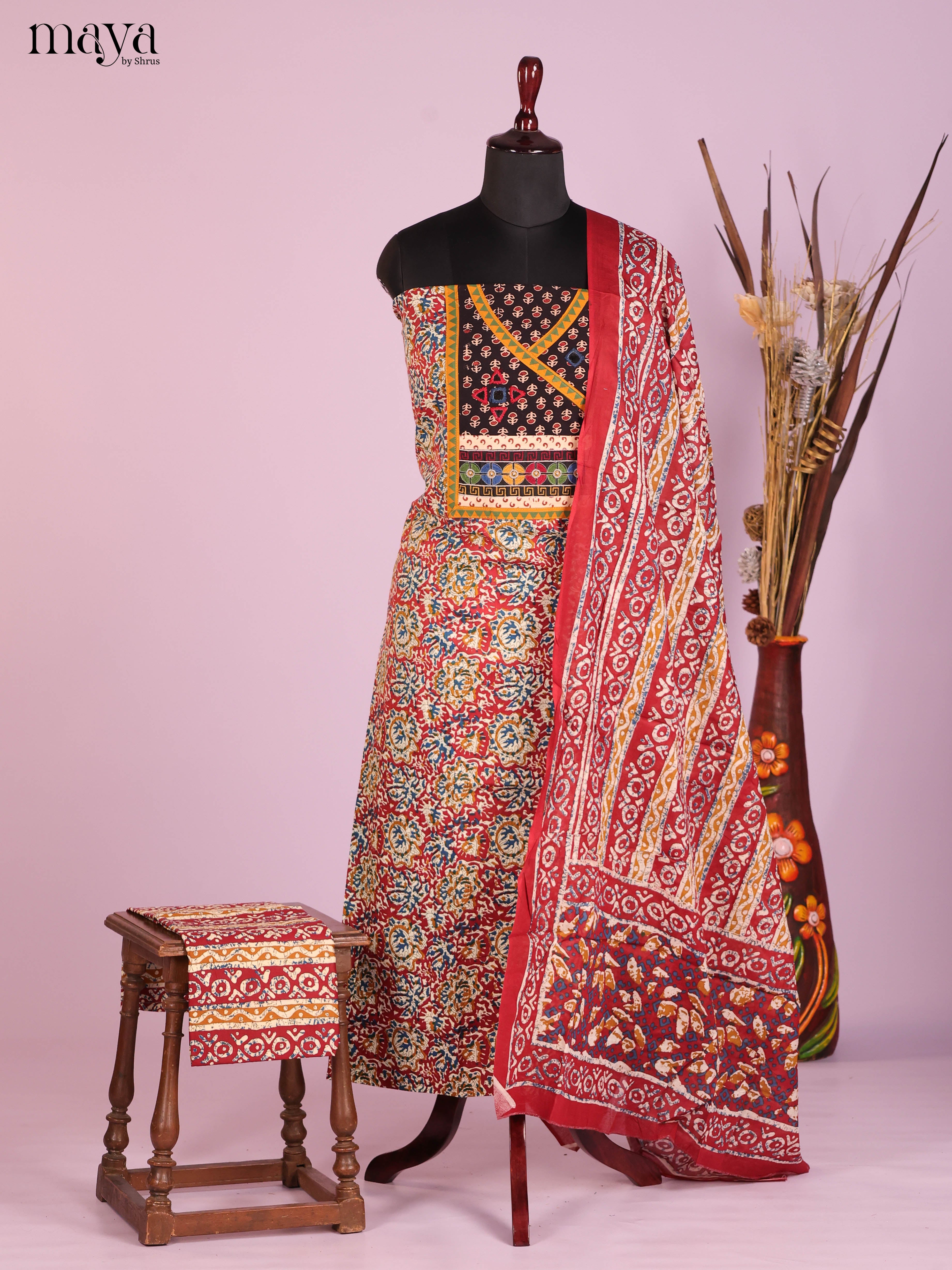 Red & Cream -Ajrakh Salwar Unstitch