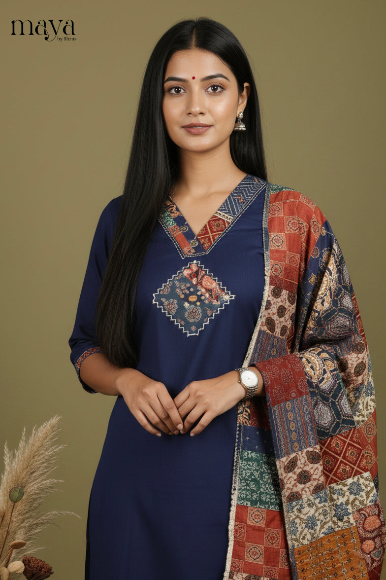 Blue - Ajrakh Printed Readymade 3 Piece Salwar Suit