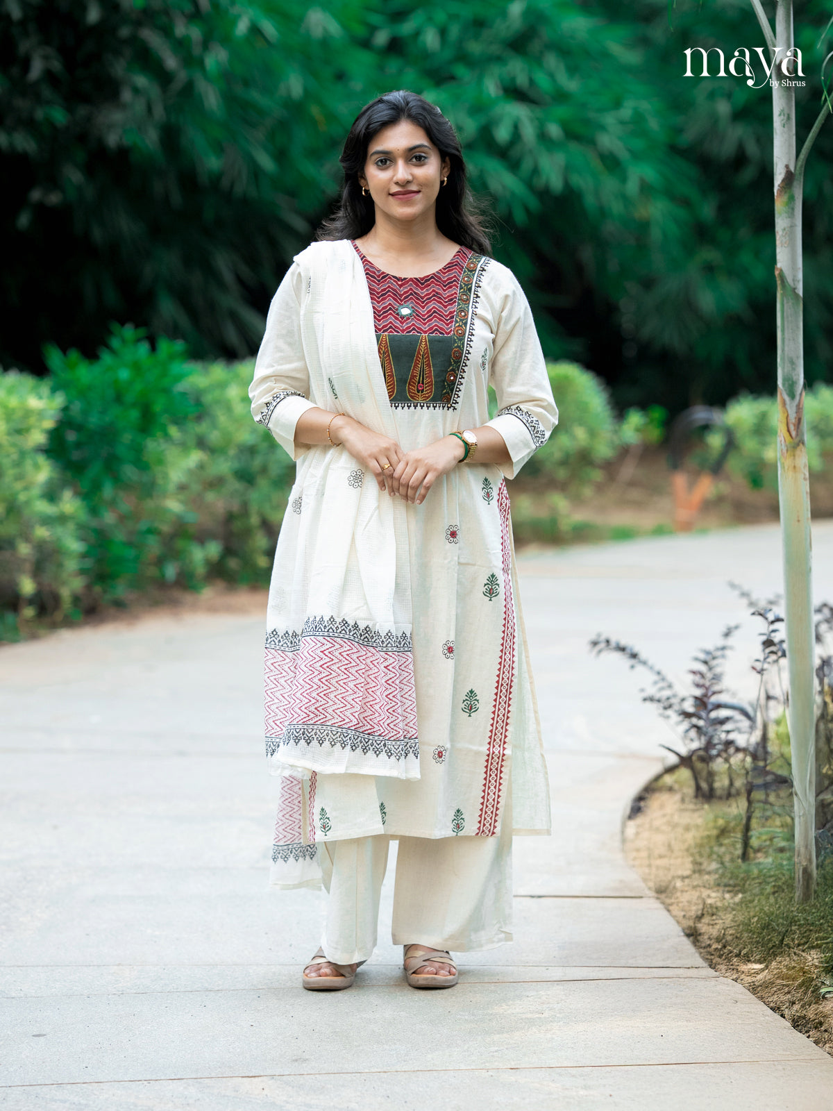 Cream & Green -Ajrakh Printed Readymade 3 Piece