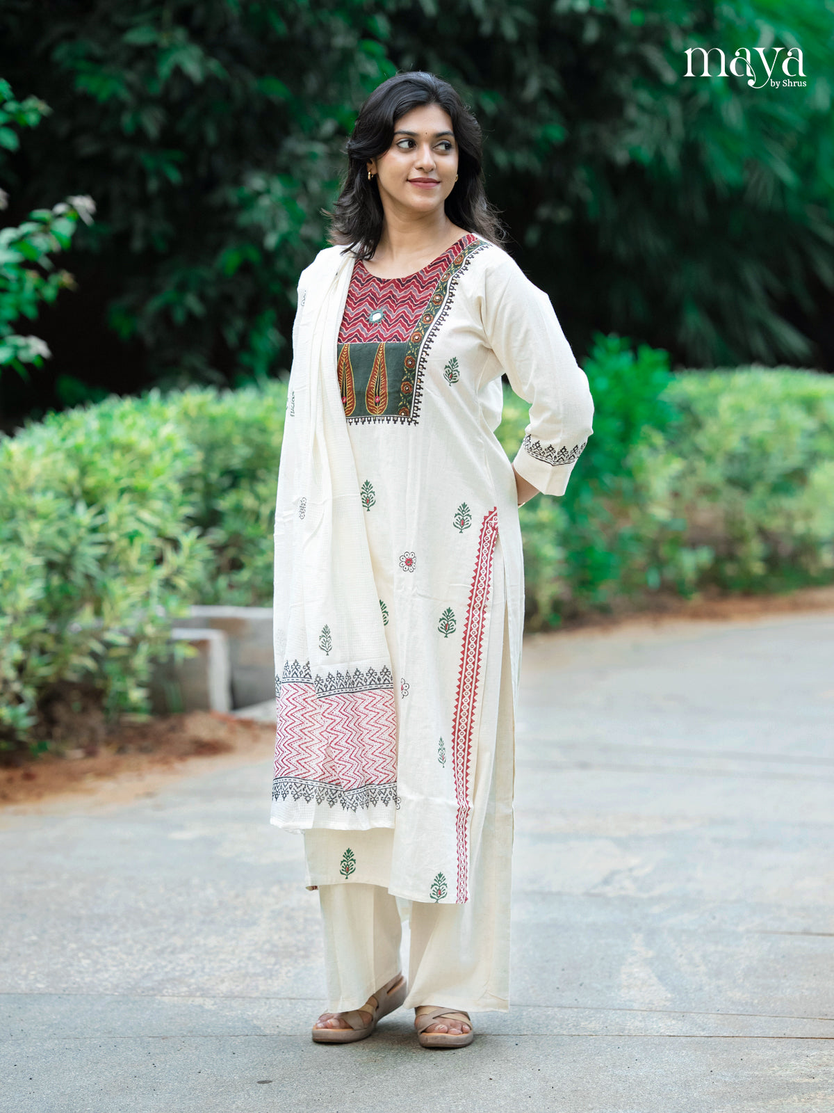 Cream & Green -Ajrakh Printed Readymade 3 Piece