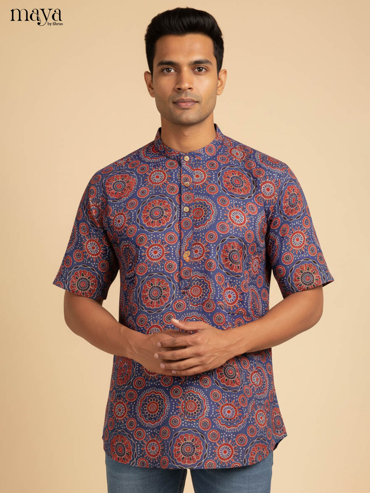 Blue with Red -Readymade Mens Kurta