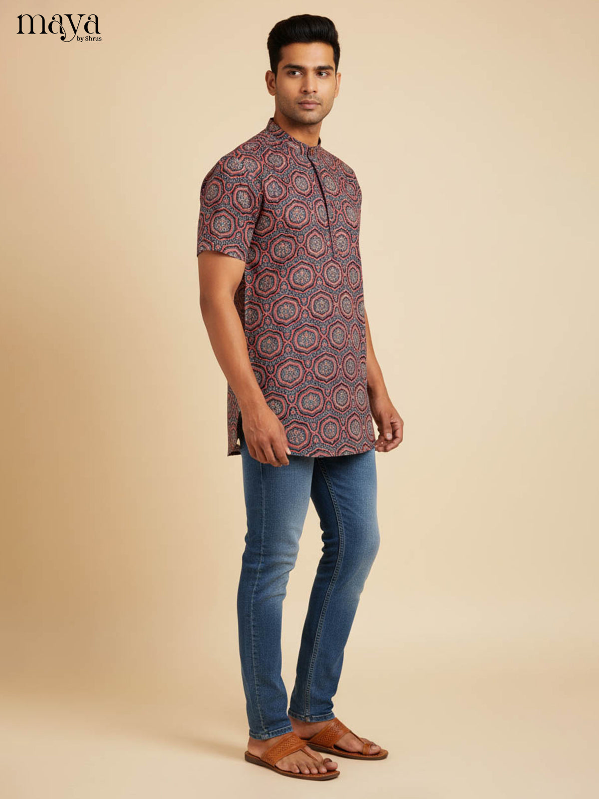 Blue with maroon-Readymade Mens Kurta