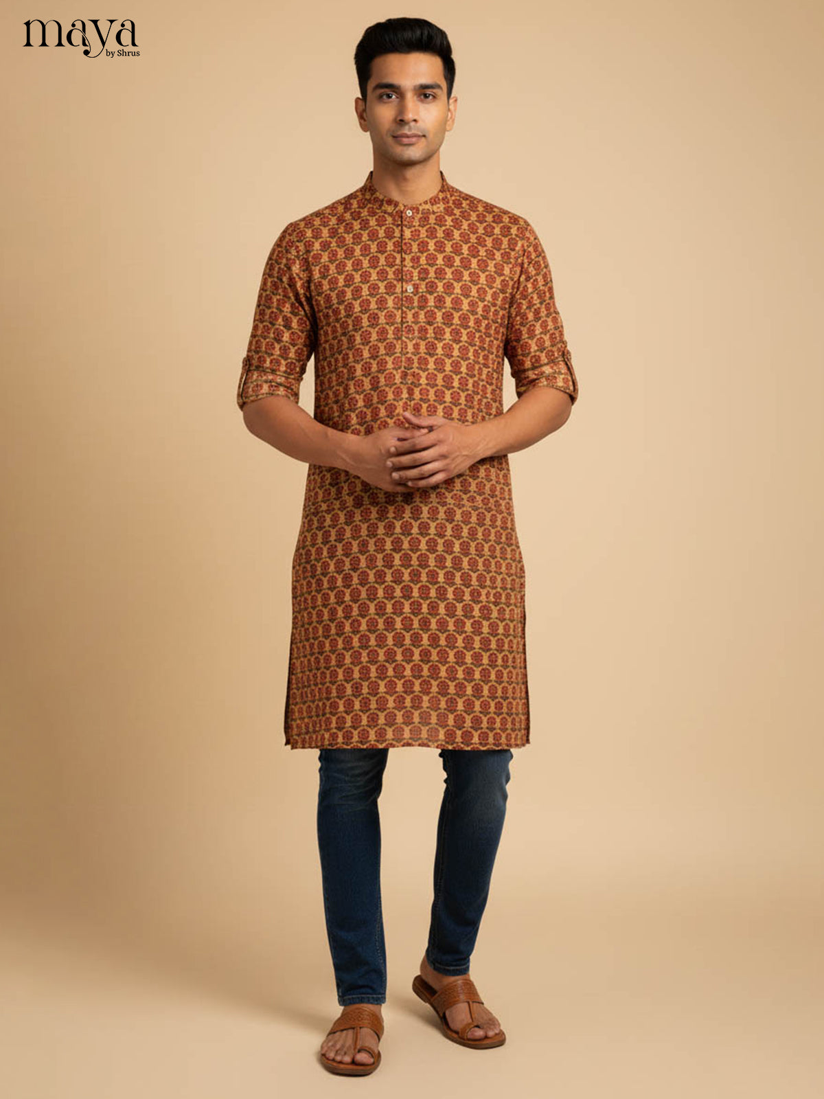 Mustard-Readymade Mens Kurta
