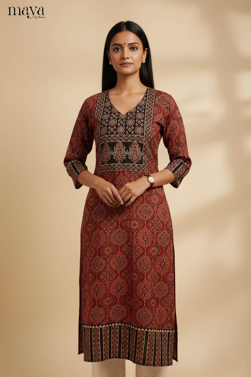 Red & Black Ajrakh Printed Readymade Kurti