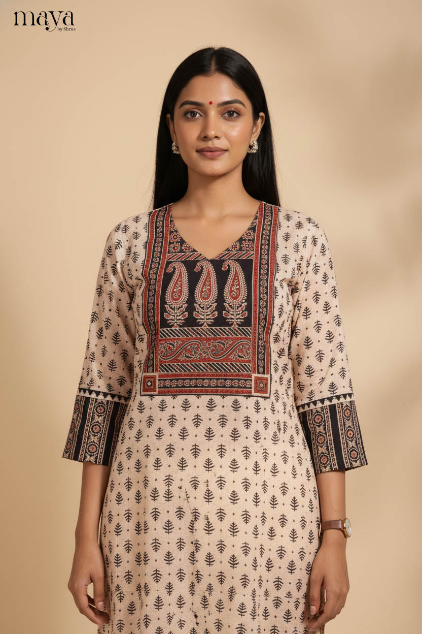 Cream & Black Ajrakh printed Readymade Kurti