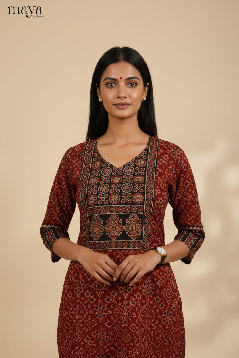 Red & Black Ajrakh Printed Readymade Kurti