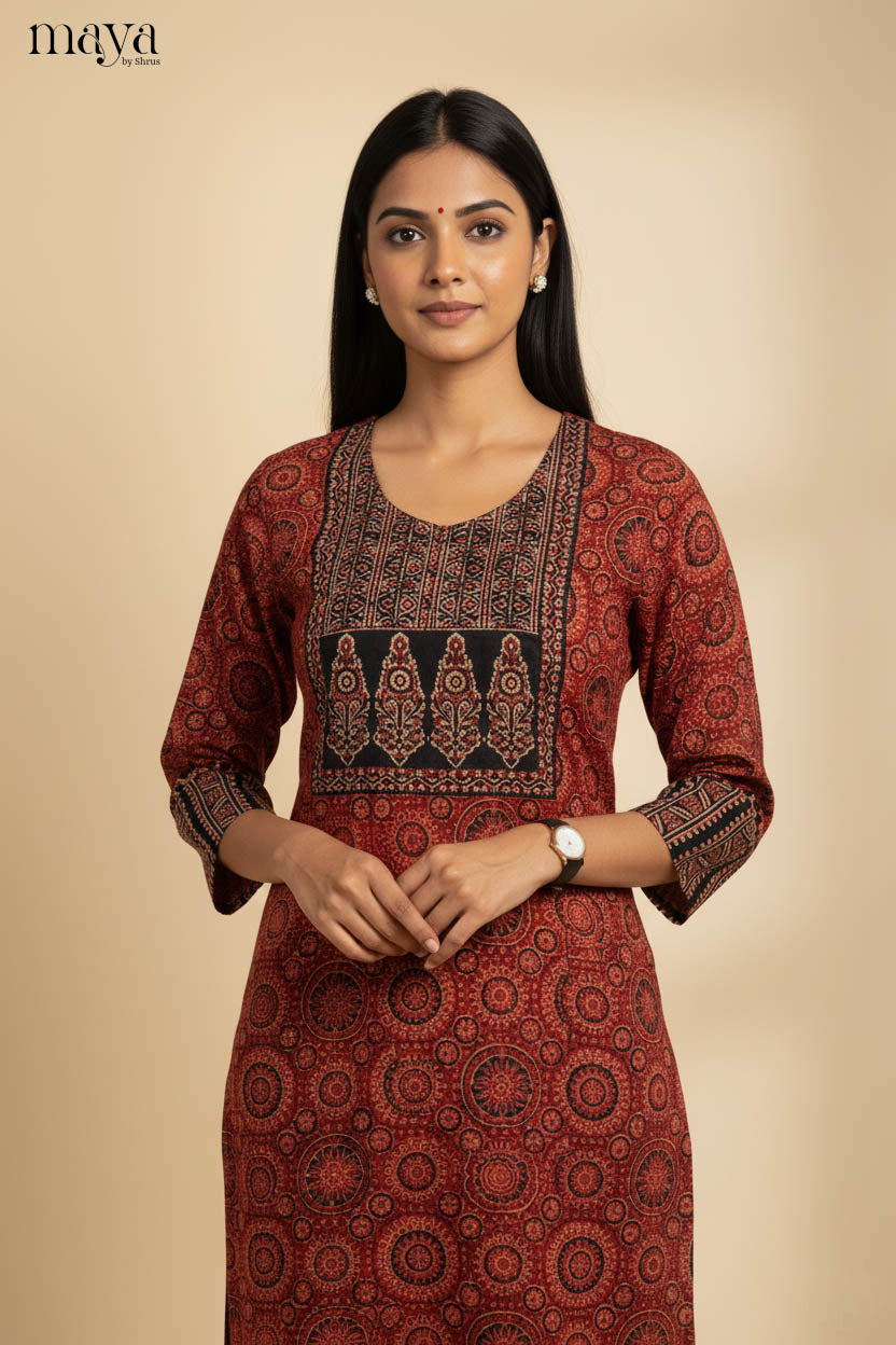 Red & Black Ajrakh printed Readymade Kurti