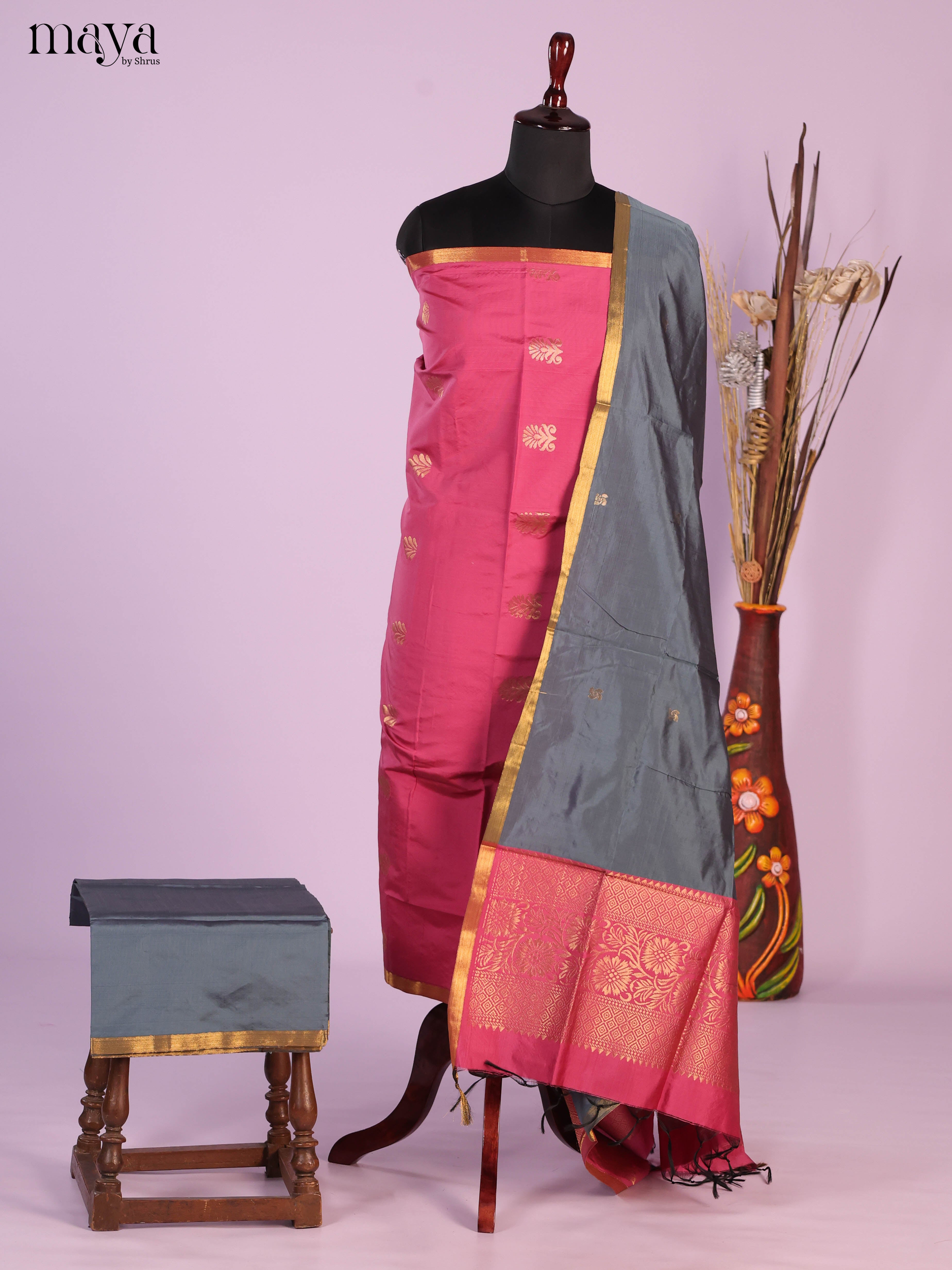 Pink & Grey -semi softsilk salwar Unstitch