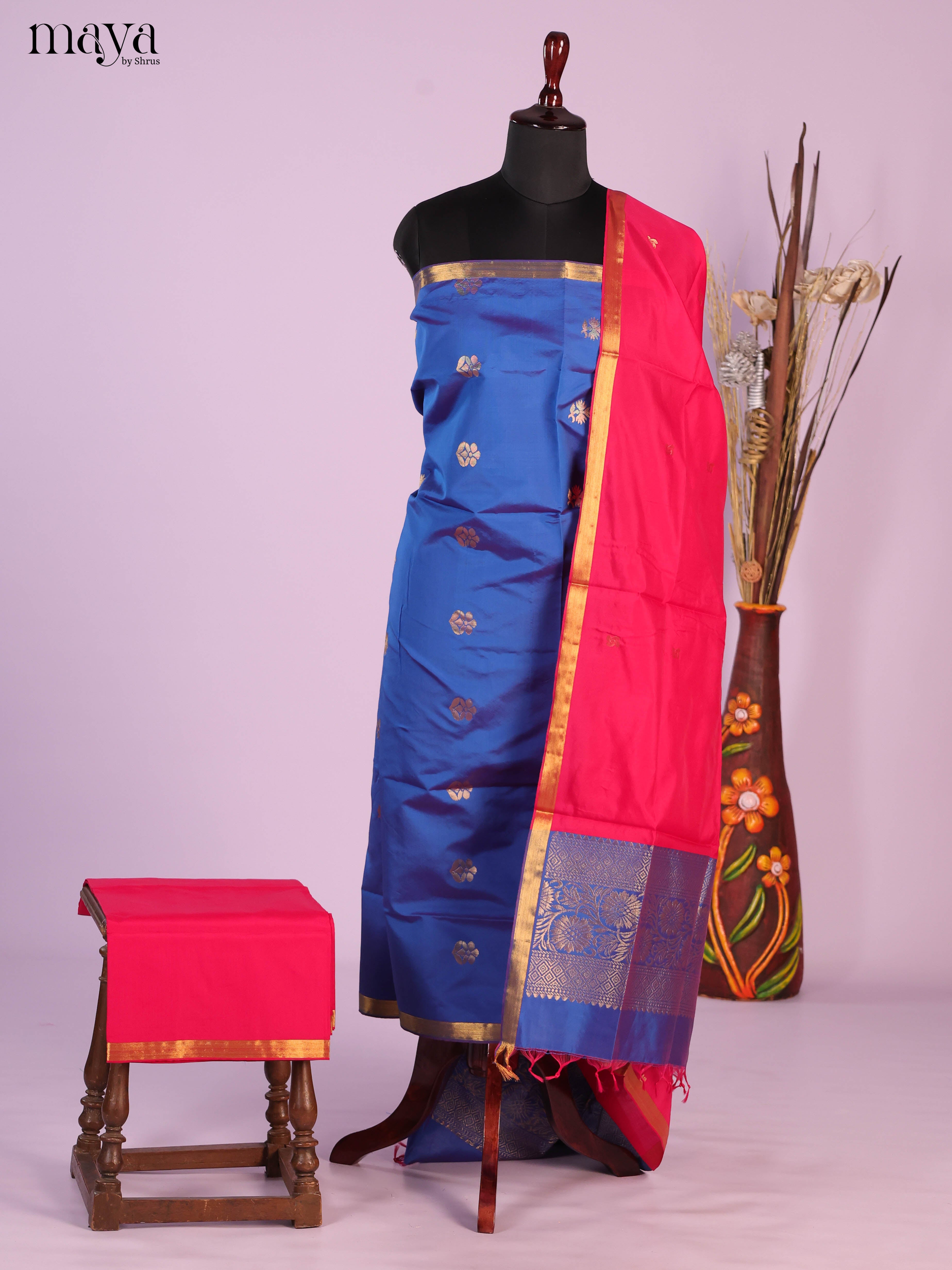 Blue & Red -semi softsilk salwar Unstitch
