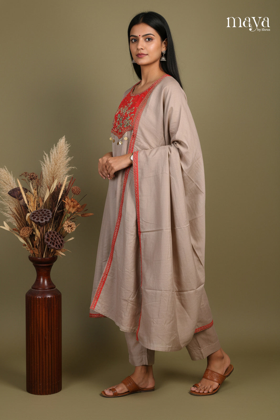 Grey & Red - Party wear Readymade 3 Piece Salwar