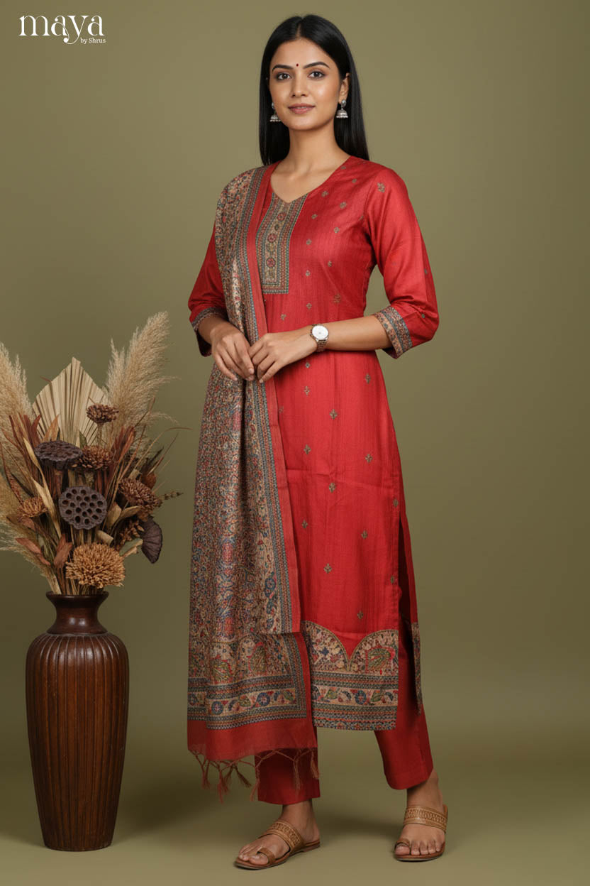 Red- Madhubani Printed Semi tussar Readymade 3 Piece Salwar