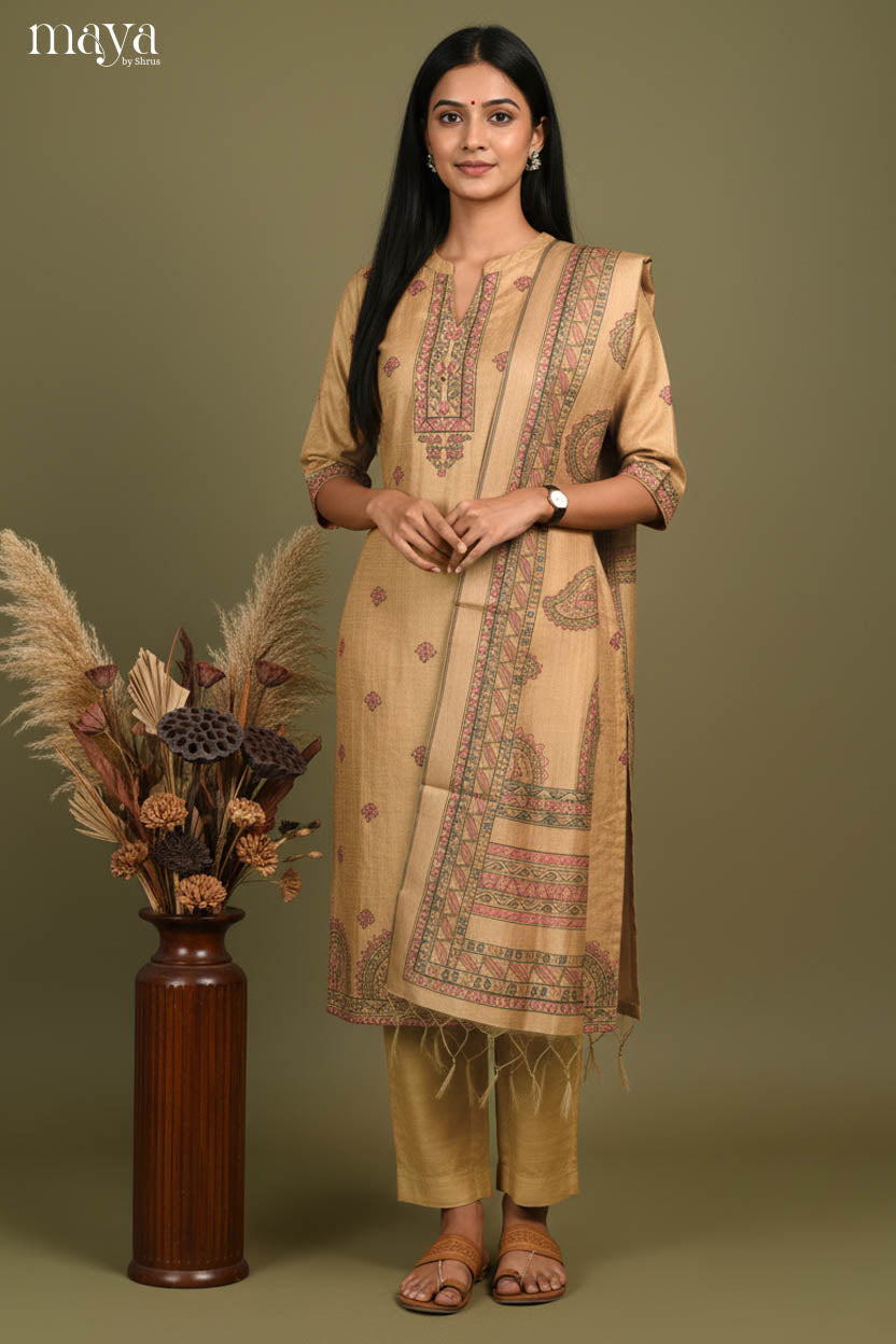 Beige-Madhubani Printed Readymade 3 Piece Salwar
