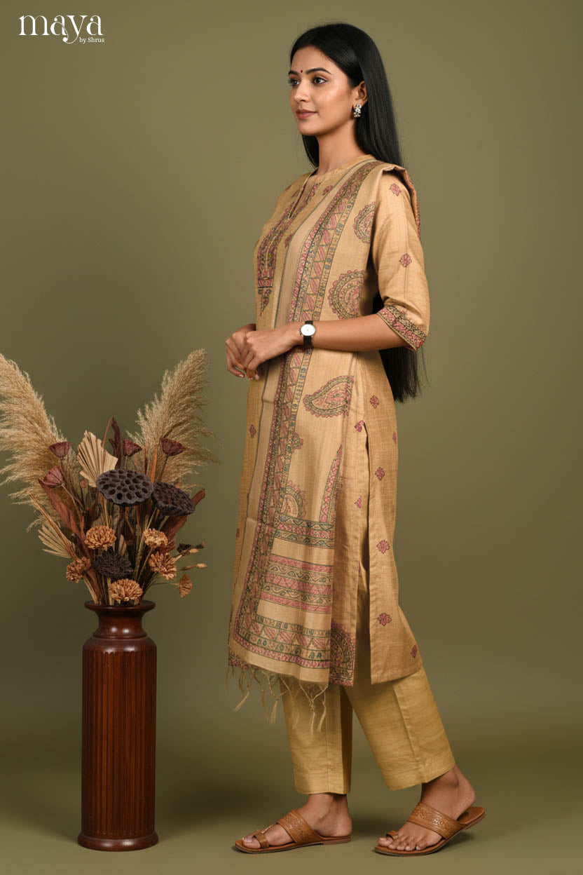 Beige-Madhubani Printed Readymade 3 Piece Salwar