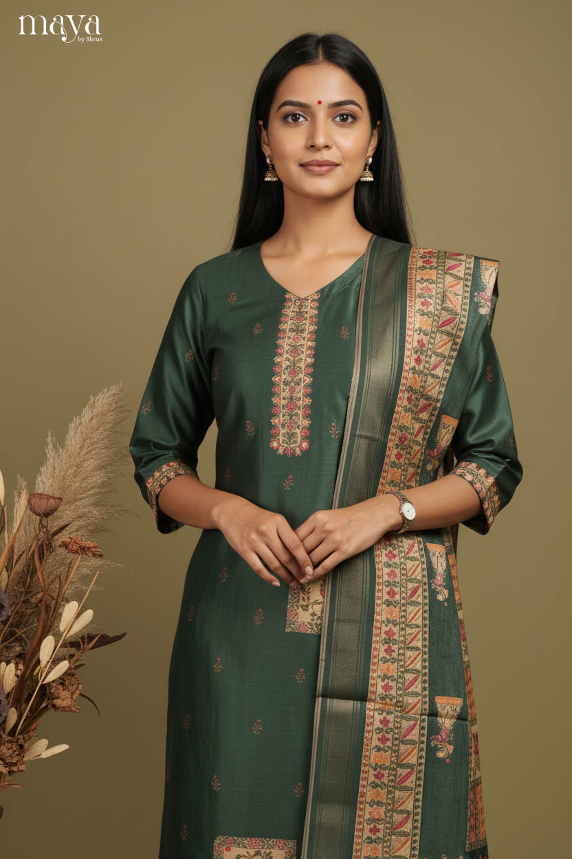 Dark Green- Madhubani Printed Readymade 3 Piece Salwar