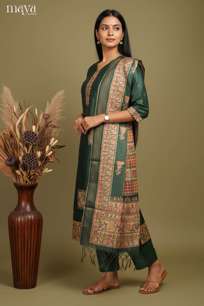 Dark Green- Madhubani Printed Readymade 3 Piece Salwar