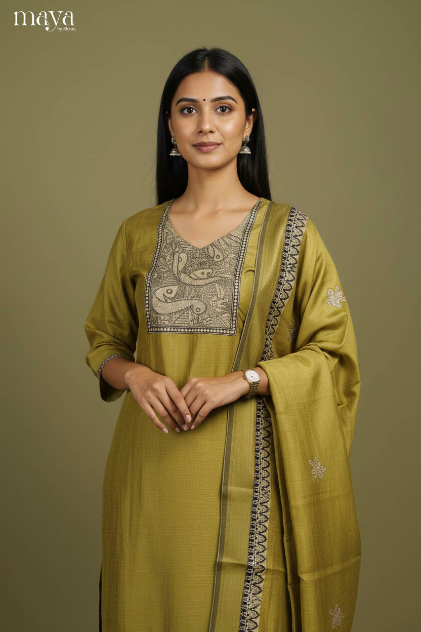 Green -Madhubani Printed Readymade 3 Piece Salwar