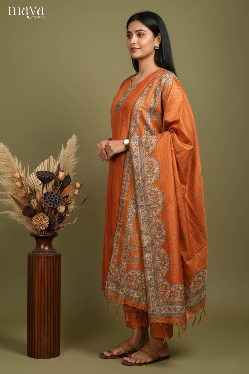 Brick-Madhubani printed Readymade 3 Piece Salwar