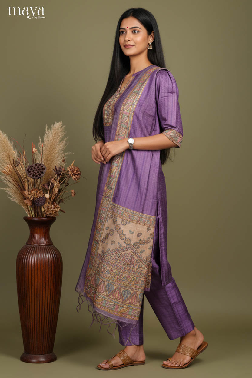Purple -Madhubani Printed Readymade 3 Piece Salwar