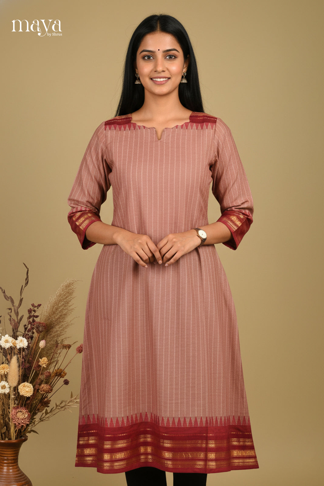 Light Brown & Maroon -Chettinad Cotton Readymade Kurti