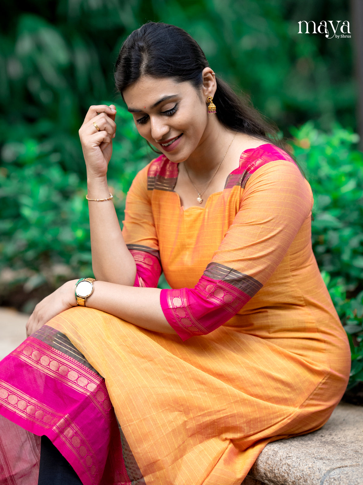 Orange & Pink - Chettinad Cotton Readymade Kurti