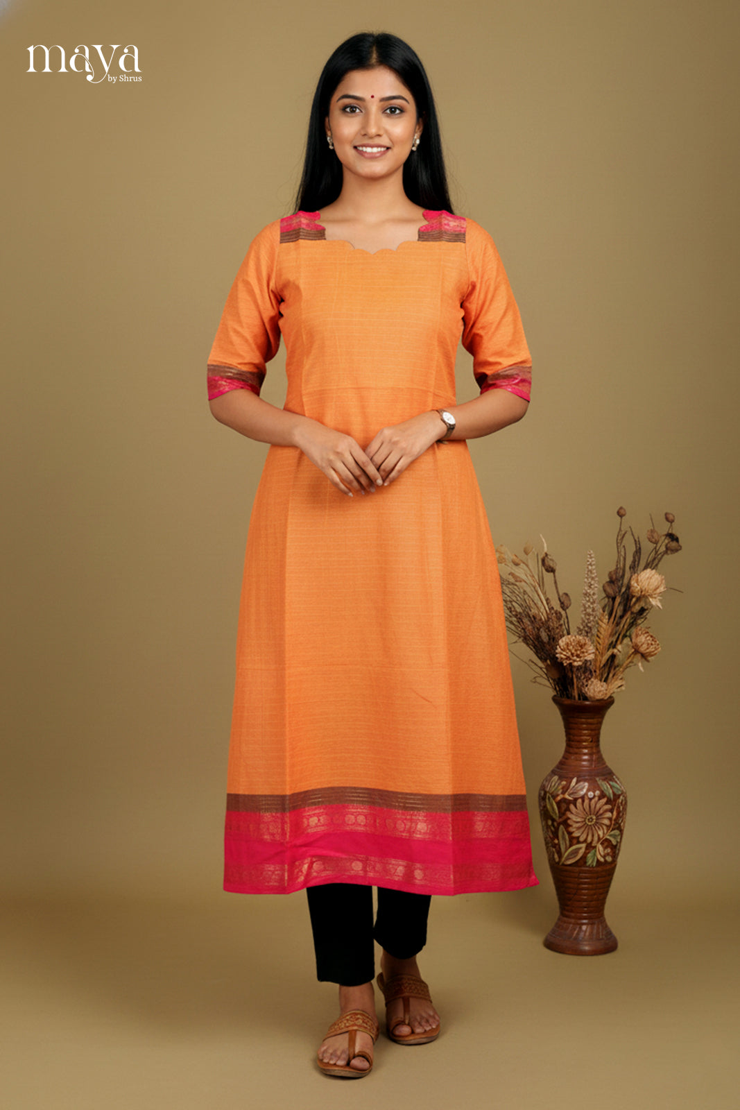 Orange & Pink - Chettinad Cotton Readymade Kurti