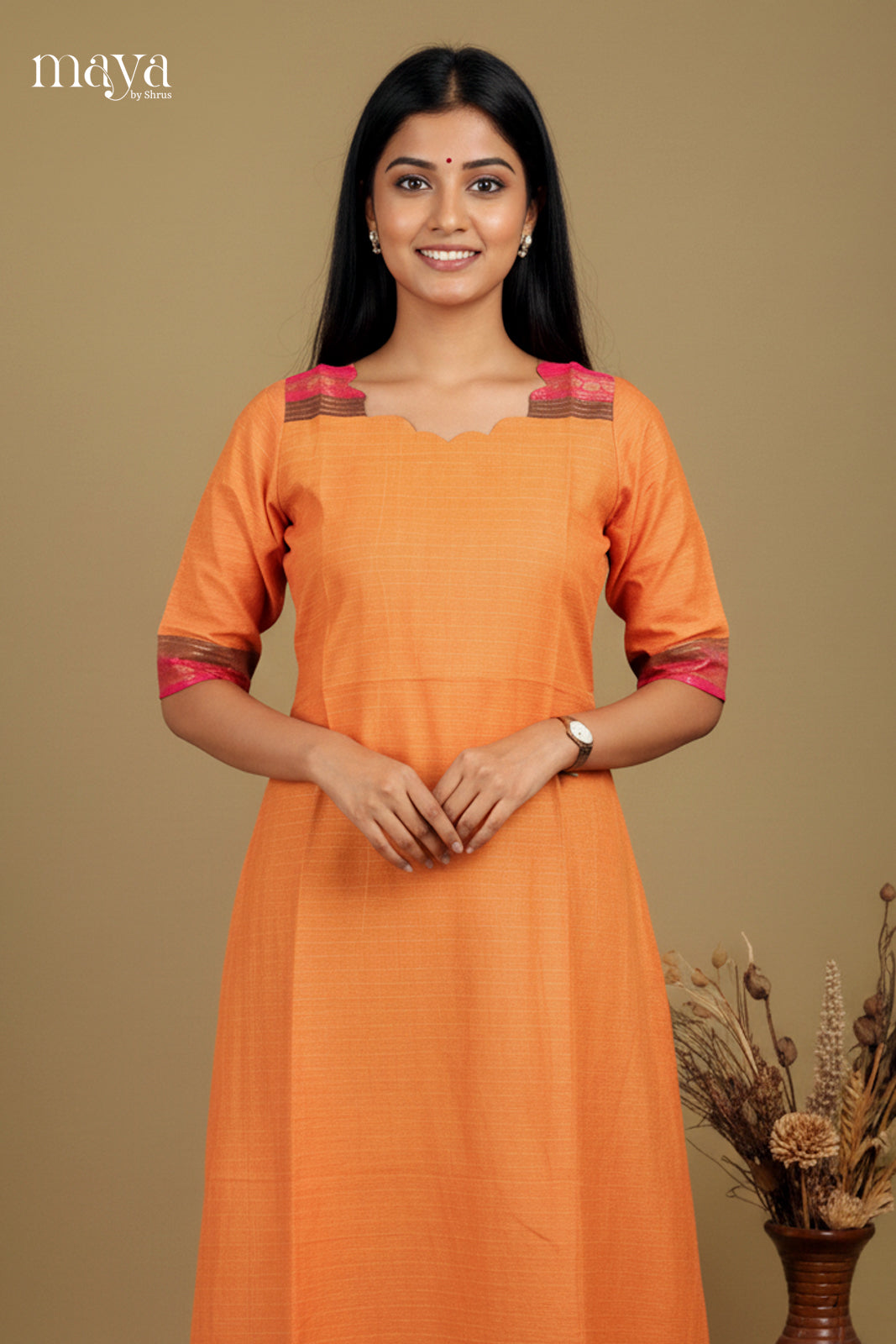 Orange & Pink - Chettinad Cotton Readymade Kurti