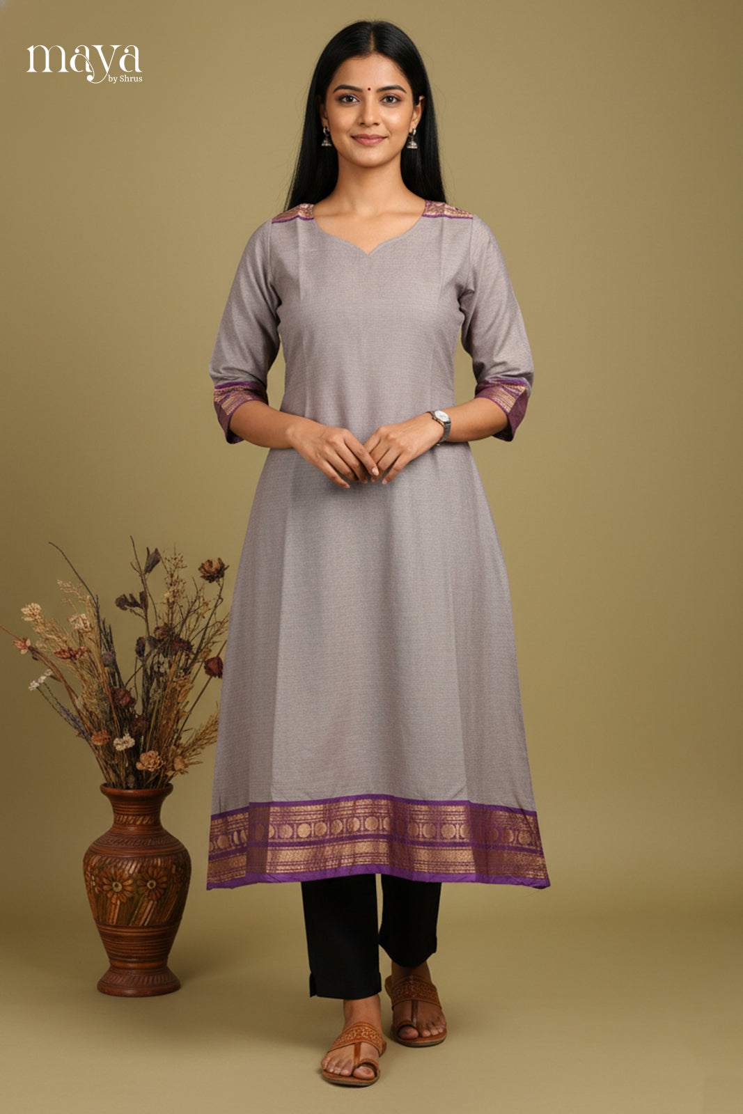 Grey & purple-Chettinad Cotton Readymade Kurti